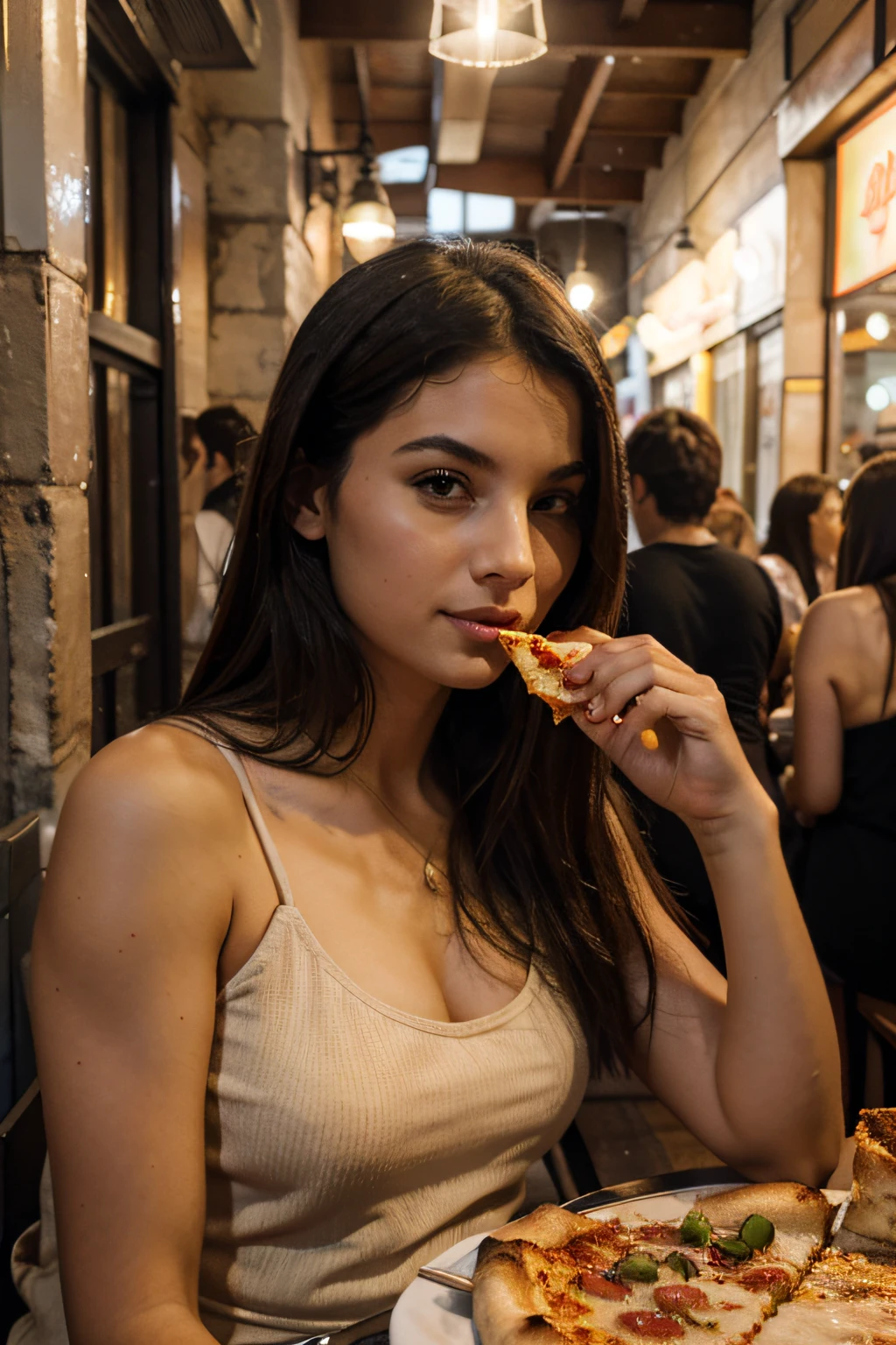 a 23 yo woman, eating pizza in Naples, dressed in a casual dress, in a street restaurant, raw photo, detailed skin texture