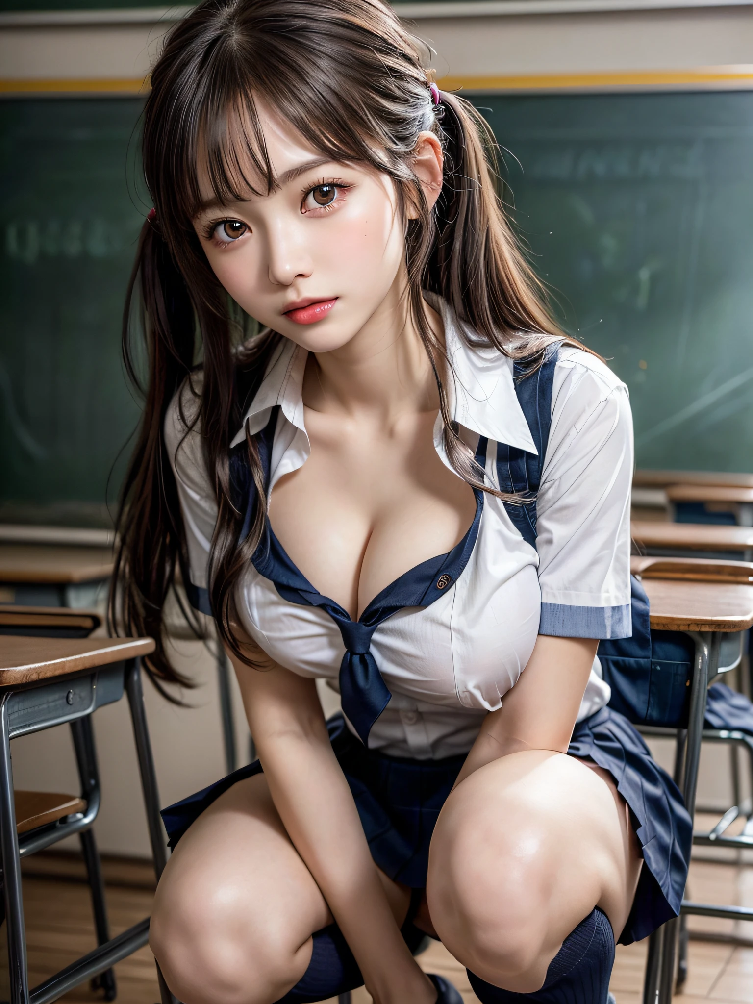 Twin-tailed, ung girls, Beautiful face, (Extremely cute, Amazing face and eyes), Realistic, (Best Quality:1.4), extremely detailed CG unified 8k wallpaper, Highly detailed, RAW Photos, professional photograpy, Realistic portrait, Cinematic Light, (Beautiful breasts), (cleavage of the breast:1.2), (Uniform with wide open chest:1.5), (Mini skirt:1.3), (No panties:1.3), (Squatting:1.2), Cameltoe, Indoors, School, (View from below),