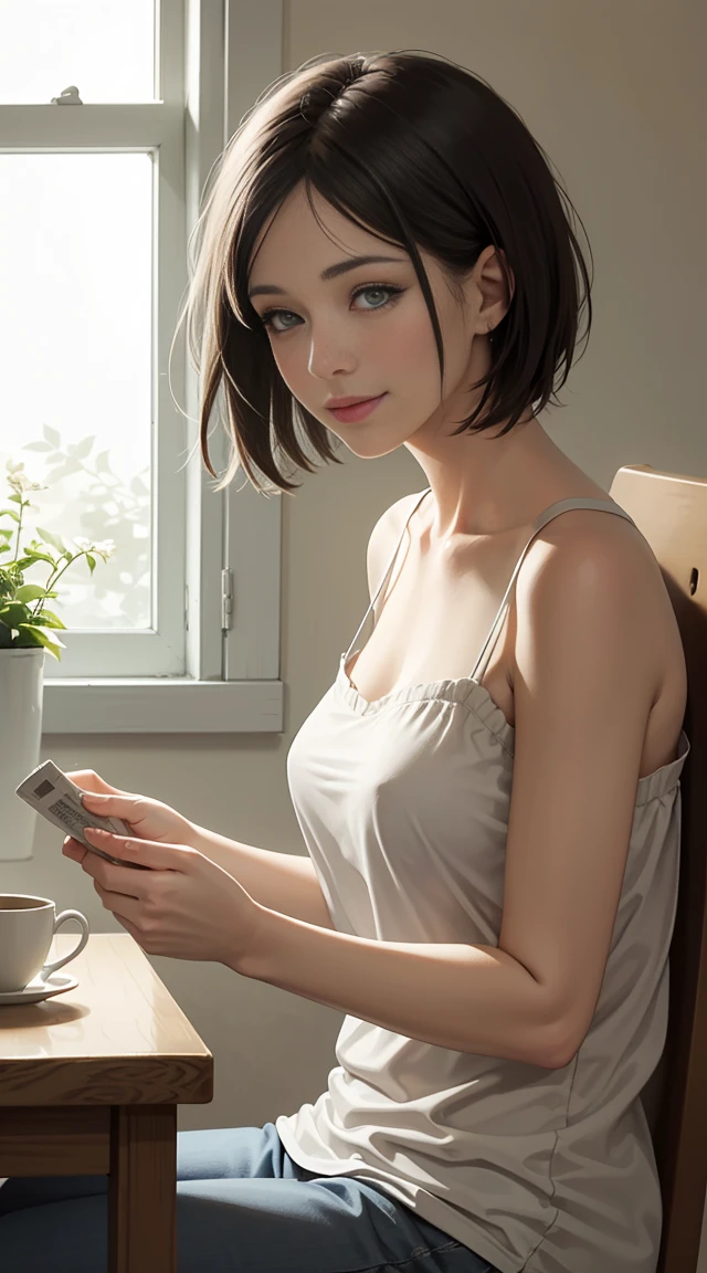 (a woman having breakfast),(black short hair),eating toast,drinking coffee,reading newspaper,sunshine through the window,morning routine,relaxing atmosphere,modern kitchen,white camisole,peaceful moment,beautiful smile,vibrant colors,soft lighting,cozy ambiance