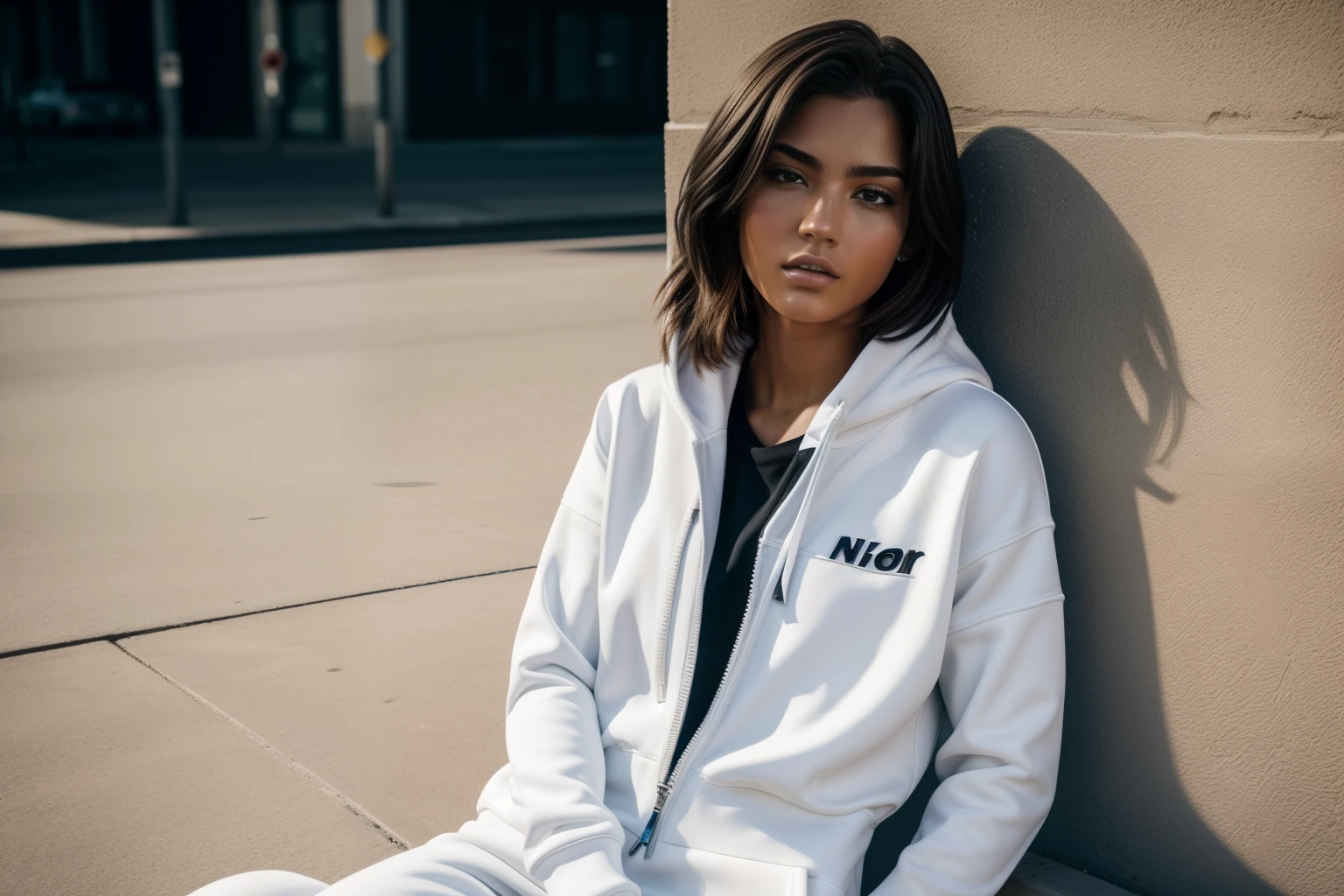 A full-body confident 23-years old white-skin female model in a basic tracksuit, poising on a street, medium: photo hyper-realism, style: edgy street fashion meets contemporary art, lighting: dramatic contrast with a mix of artificial and natural light, colored and gritty with a focus on the textures of the basic tracksuit and street, composition: Nikon D850, AF-S NIKKOR 50mm f/1.8G lens, Resolution 45.7 megapixels, ISO sensitivity: 200, Shutter speed 1/125 second, close-up shot with a focus on the full body, street art as a backdrop --ar 16:9 --v 5.1 --style raw --q 2 --s 750