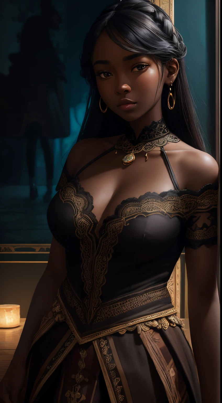 A brief moment of calm, beautiful black girl with cinnamon skintone, dark skin, neutral color lace clothing against the vibrant colors of a wall tapestry. Portrait shot with peach and cyan lighting , detailed intricate , in the style of James Jean and Thomas Kincaid , chiaroscuro, wabi sabi art style , obscura, beautiful, masterpiece, behance winning, oil painting, romanticism