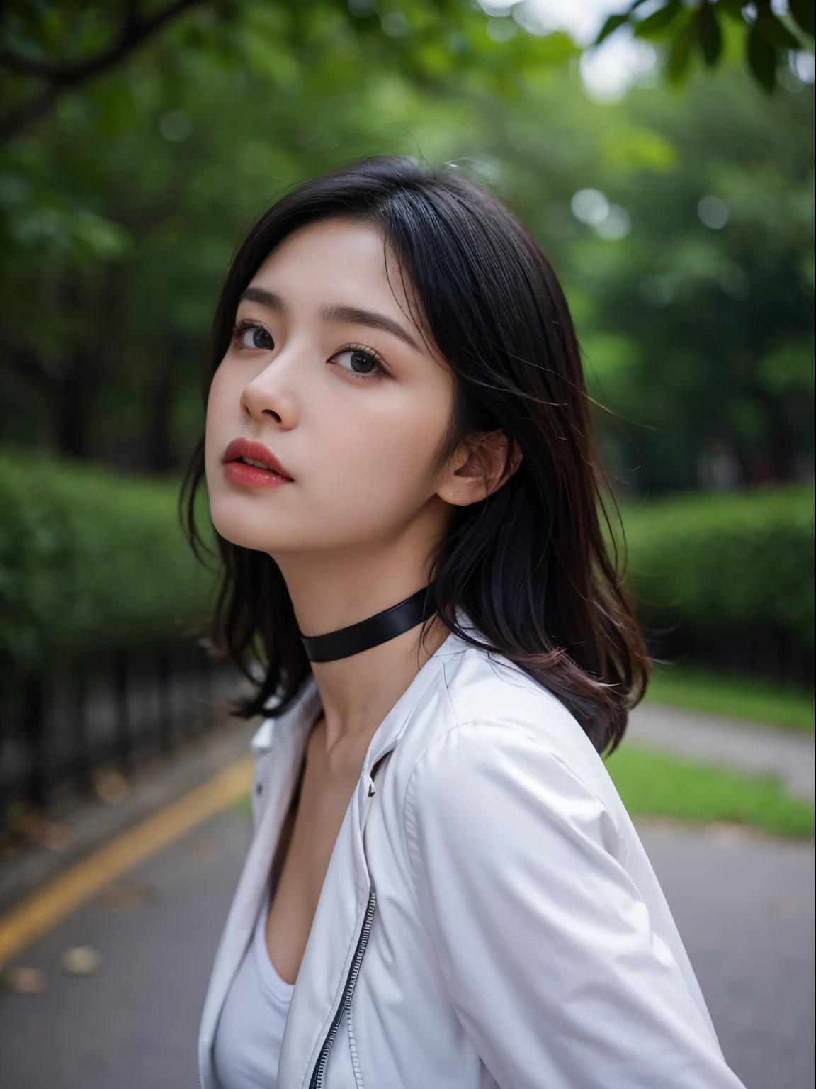 1人の女性、Korea person、Korean Beauty、leather jackets、corsets、a choker、Crotch chuck、intricate detailes、hightquality、(High class:1.4)、super realistic 8K、face perfect、Perfect、clean、masterpiece、Professional artwork、famousartwork、face perfect、Beautiful expression、beautidful eyes、short dark hair、wetting hair、very Bigger breasts、clothes shiny、model poses、Ultra-realistic 4K、Top image quality、Natural background