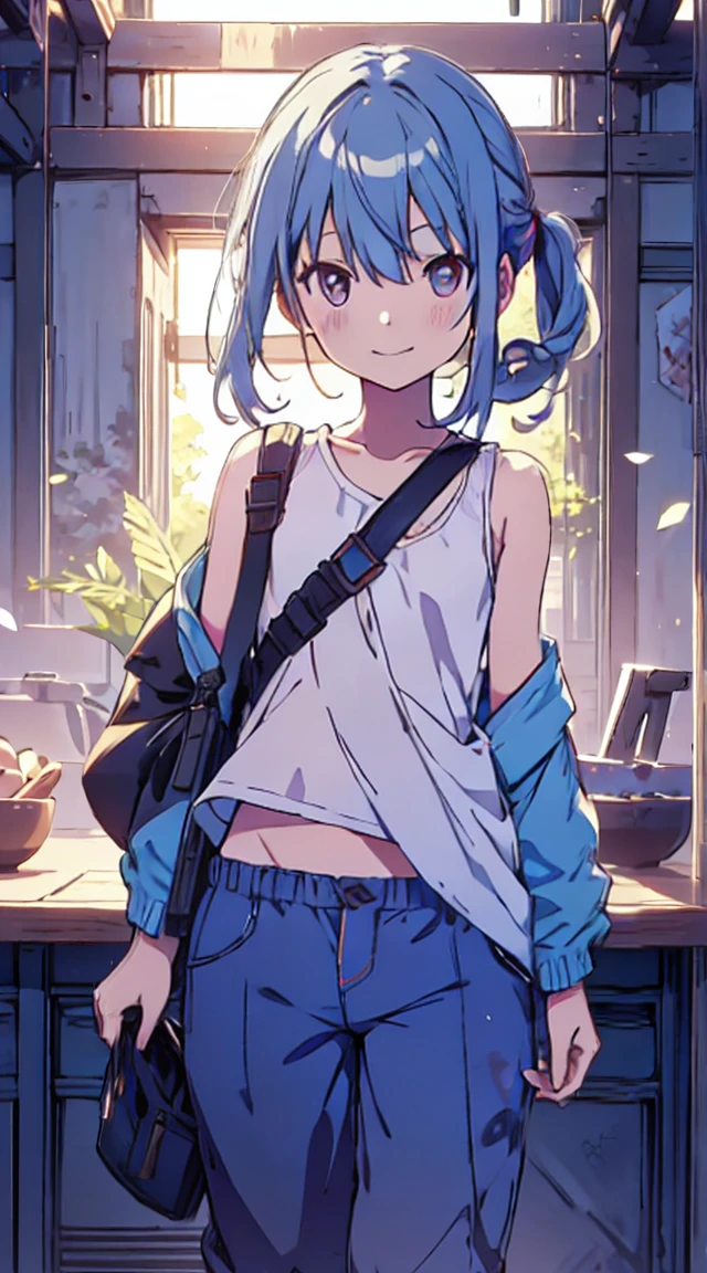 masutepiece, Best Quality,Illustration, Wallpaper, ultra -detail, 1little girl、♡、Futomo、Poses in motion、soft smiling、Summer scenery、Tank Tops、shortpants