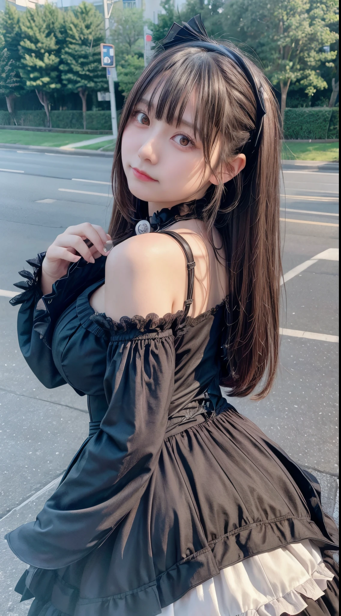 masterpiece, best quality, ultra detailed, 8K, absurdres, highres, 4K, a girl, smiling, looking at viewer, (looking back:1.3), long hair, straight hair, brown hair, tareme, droopy eyes, shiny skin, detailed skin, detailed face, glamorous, voluptuous, beautiful breasts, beautiful ass, curvy, (idol, gothic ta:1.3), delicate facial features, cute face, japanese idol, curvy, 20-year-old, japanese, on the road, ultra realistic photo, raw photo, photorealistic, real person, from below, front view, cowboy shot, depth of field, cinematic lighting, sharpen