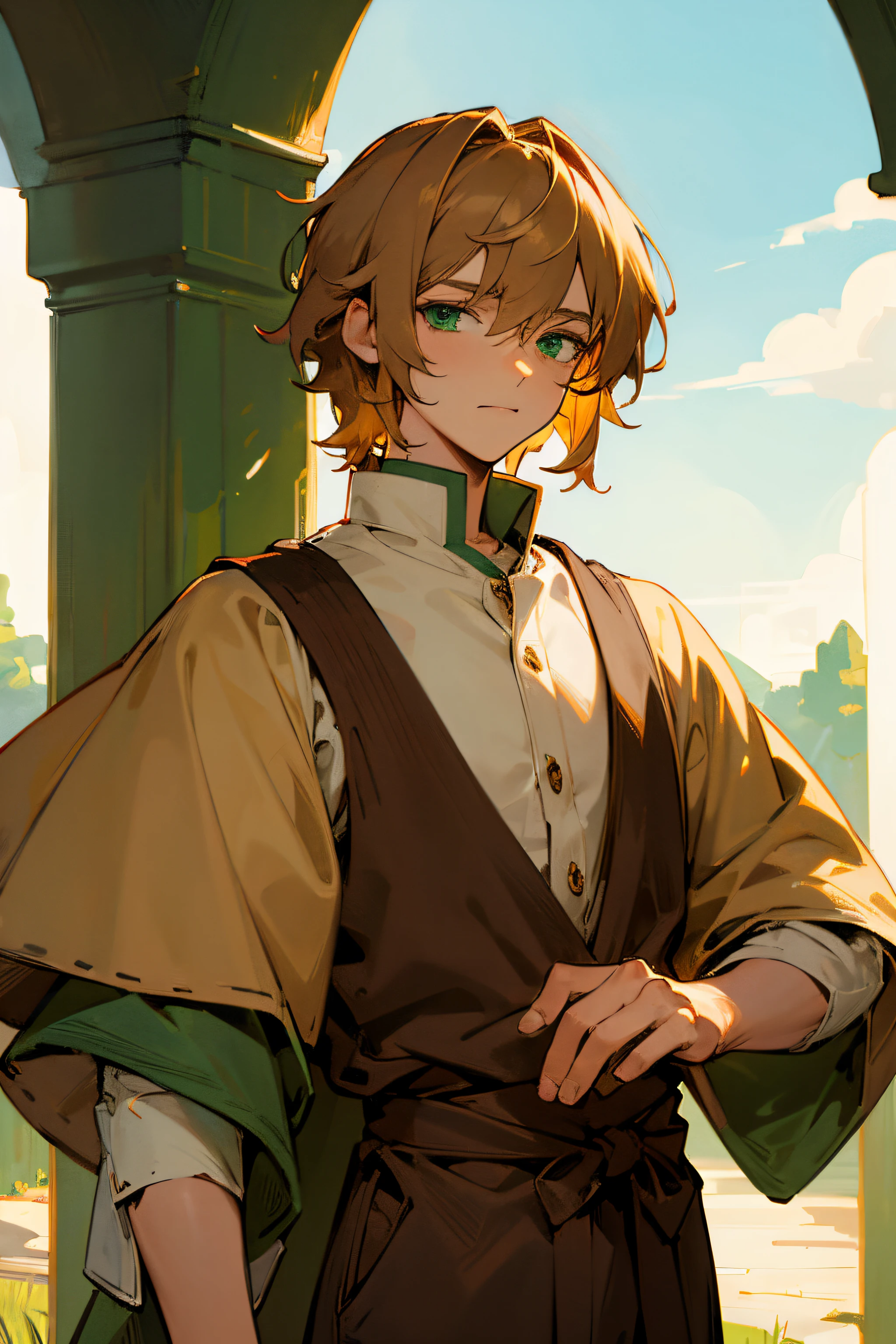 ((best quality)), ((masterpiece)), (detailed), fantasy prince, short shaggy blond hair, green eyes, brown clothes, sun