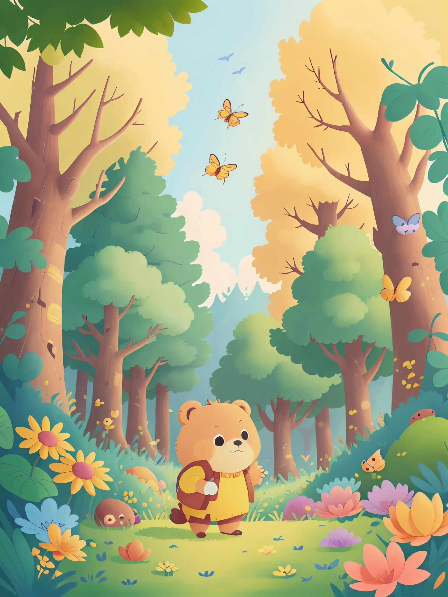 classical animation，Continuous shooting，Cinematic immersion，Sense of story，coloring book,Picture book stories,High saturation color,colorful illustrations，publication，Little bear walks through a flowery meadow，Bees are busy among flowers，Colorful butterflies fly，