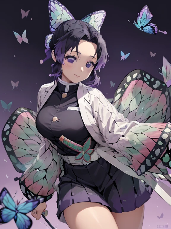 1girl is a ite young woman with a pale complexion and large, compound-like eyes that lack pupils, only a haze of gradient purple, making her eyes appear similar to those of insects. She has black wavy hair that fades to dark purple, styled at the back of her head into a flat yakai-maki bun, fastened with a white, turquoise and light purple butterfly ornament. She has center-split, ear-length, voluminous curtain bangs that flow down to frame the sides of her face, with two slightly thinner chin-length locks of hair in front of her ears below them. She is short in height and has been described as having a small and weak-looking build. She wears a dark purple standard Demon Slayer uniform with gold buttons, consisting of a dark-purple tinted straight-lined black jacket and matching colored tabi socks and hakama pants, tucked into white butterfly patterned Kyahan fading into pale turquoise then pink around her lower legs, fastened with white ribbons, has a butterfly wing pattern that fades into a pale turquoise then pink color on the sleeves and hem which are cuffed with a black and white dotted trim. She wears white zori sandals with purple straps for footwear, with a hidden blade in one of the heels