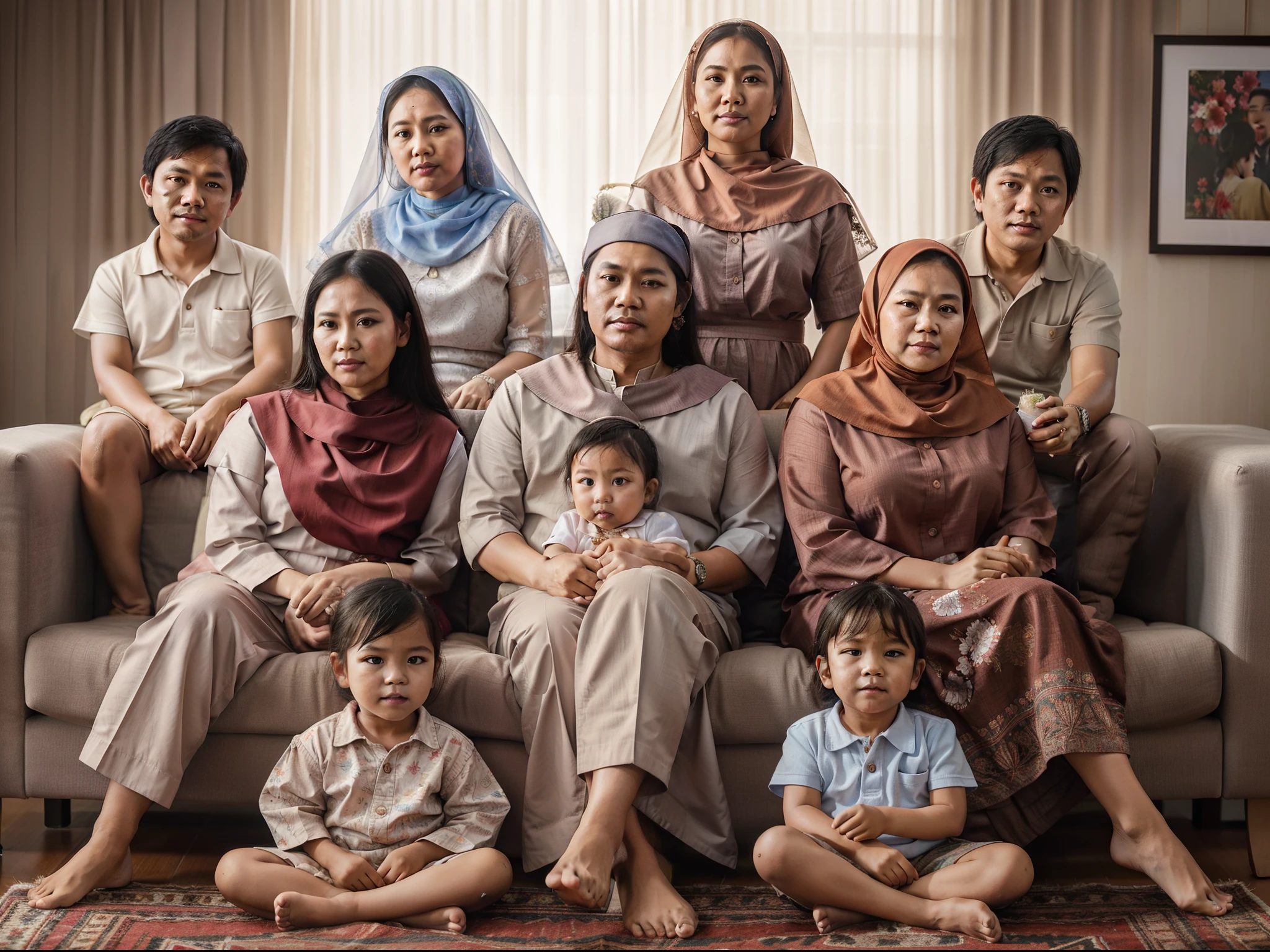 there are many people sitting on a couch with a child, an indonesian family portrait, family portrait, happy family, realism art, realistic art, high quality portrait, by Basuki Abdullah, by Rudy Siswanto, potrait, beautiful realistic photo, portrait shot, realistic portrait photo, 8 k realistic digital art, realistic picture, by Abidin Dino