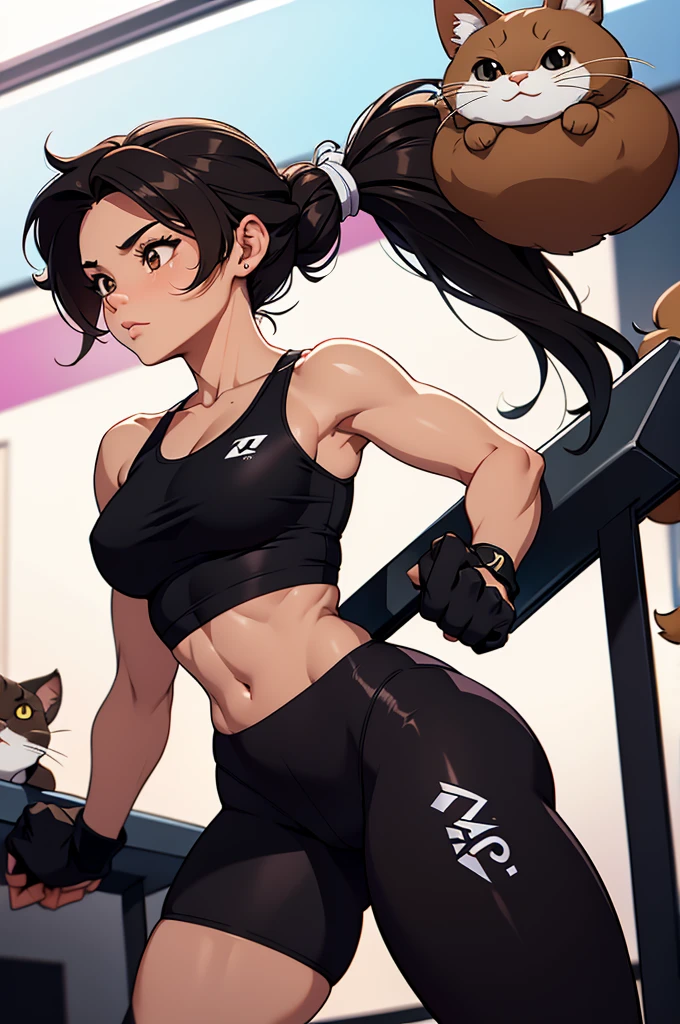 linda jovem fitness com orelhas de gato, in a gym wearing May with black tights, morena de cabelos curto tomboy.
