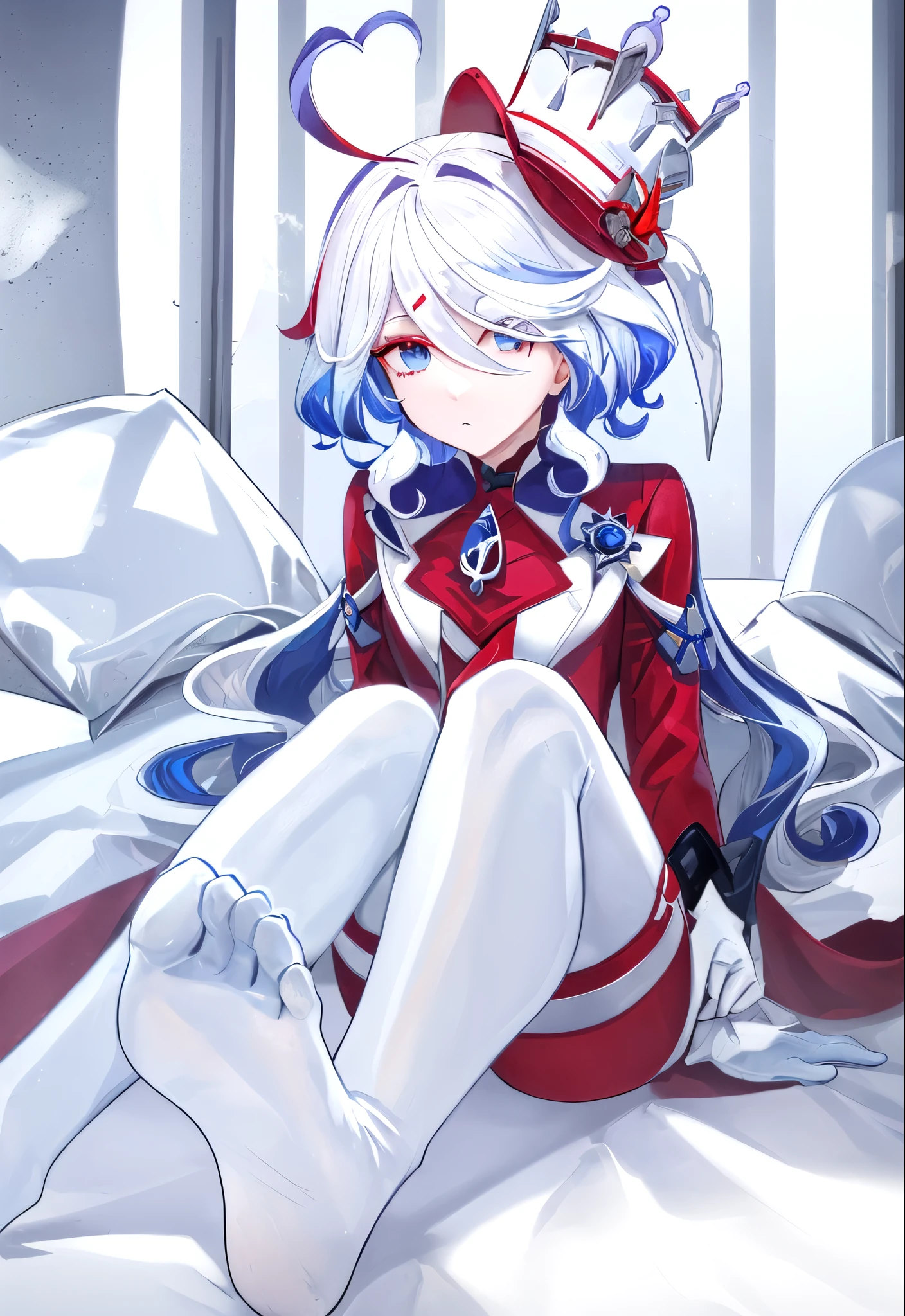16k,The beautiful, On a table, Best quality, The facial details are particularly rich, perfect litthing,1 girl in、tightsuit, skin tight, latex,White jumpsuit,White jumpsuit, shinning clothes, Shiny, Cover the navel, steams,tmasterpiece, Best quality at best, 1 Sister, Forina, genshin impact, White hair, Blue hair, White latex coat, abandoned city lock,hair covering one eye,((Gradient hair)), A thin body,Beautiful blood red eyeshadow,Wearing long white gloves:1.a purple eye:1 white hair, Blue hair:1.3, Ultra-detailed eyes