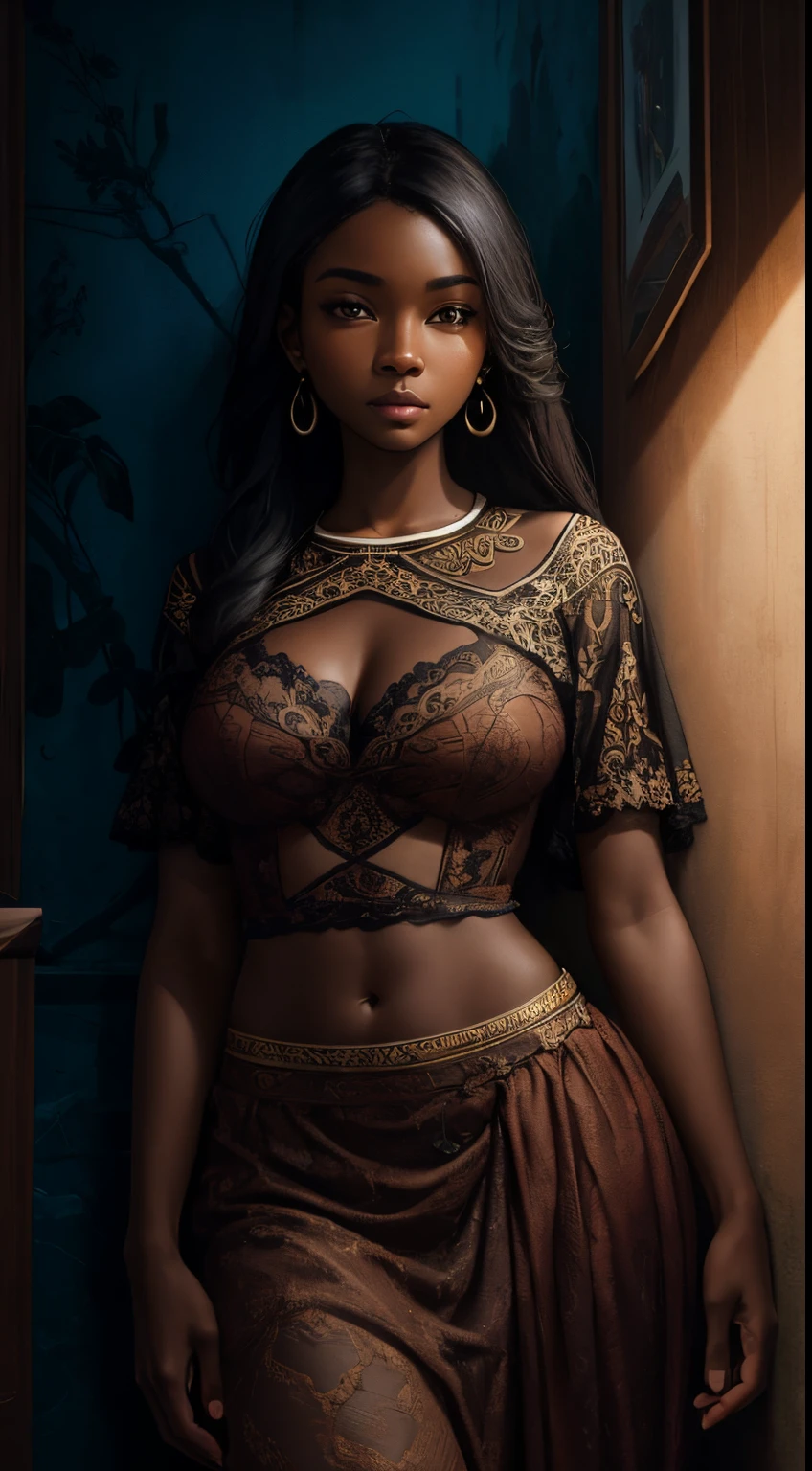 A brief moment of calm, beautiful black woman with cinnamon skintone, dark skin, neutral color lace clothing against the vibrant colors of a wall tapestry. Portrait shot with peach and cyan lighting , detailed intricate , in the style of James Jean and Thomas Kincaid , chiaroscuro, wabi sabi art style , obscura, beautiful, masterpiece, behance winning, oil painting, romanticism