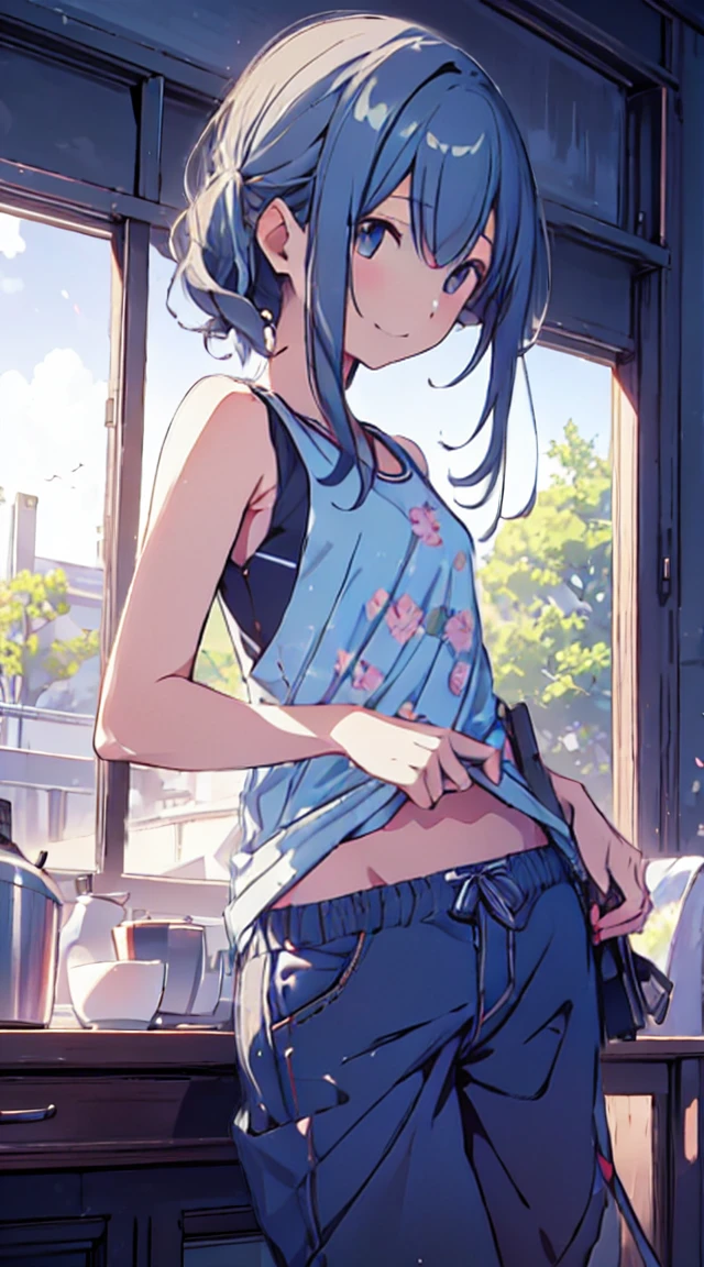 masutepiece, Best Quality,Illustration, Wallpaper, ultra -detail, 1little girl、♡、Futomo、Poses in motion、soft smiling、Summer scenery、Tank Tops、shortpants