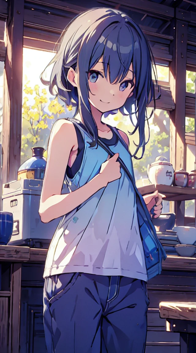 masutepiece, Best Quality,Illustration, Wallpaper, ultra -detail, 1little girl、♡、Futomo、Poses in motion、soft smiling、Summer scenery、Tank Tops、shortpants