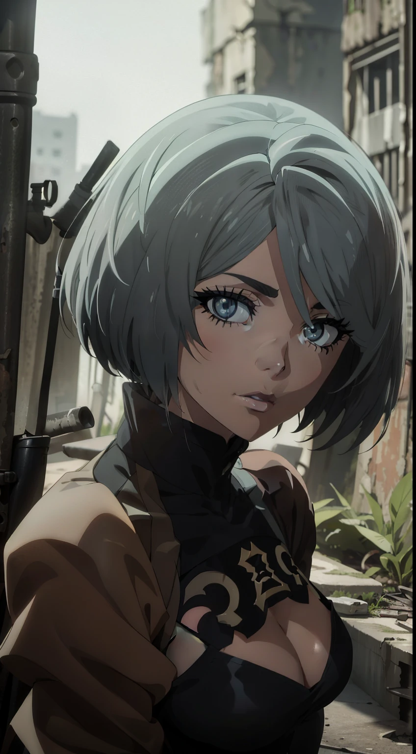 portraite of a, Face close, Accent faces, face and body close. Very Beautiful Eyes, Eyes Covered, fighting posture, sexypose, Ruins, shapely legs, White Hair Bob, ashy hair, The eyes are covered with a bandage, Cyan eyes, black dress with a short skirt, short black skirt, neckline on the chest, white panty, black stockings, high black boots, high-heeled boots, very extremely beautiful, Small firm buttocks, Slender figure, Full-length(Body Full 1.1), ruined city, The city, overgrown with plants, Ruins, Red Small Breasts, Best Quality, High Resolution, photorealestic, photogenic, (Beautiful detailed bluish-gray eyes: 1.6), extremely detailed face, perfect lighting, extremely detailed CGI , (perfect arms, perfect anatomy), A girl with perfect breasts, beatiful face, master study, intricate details, Detalhes realistas, the anime, (Based on nier automata) the perfect body, The Perfect Girl, perfect details, Ultra HD |, 8K, Professional photo, Anime Style 2B,