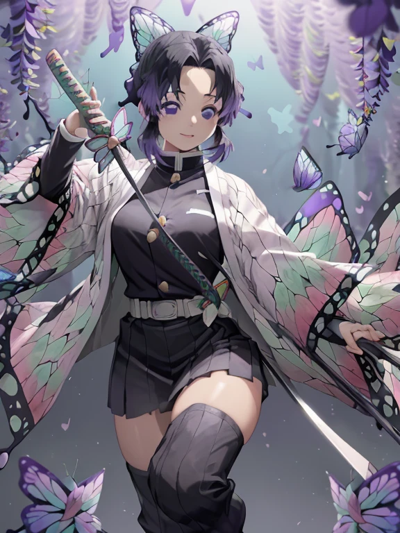 (Best Quality、8K、nffsw:1.2)、((kochou shinobu:1.5))、Full body like、1girl in、O cabelo multicolorido、No bangs、Hair intake、（Large breasts:1.3)、toned waist、Voluptuous thighs、komono、Ultra mini skirt、Black lace 、Large belt、haori、Super long hair、forehead、Tindall Effect、perfect hands perfect fingers perfect breasts perfect hair perfect face perfect body