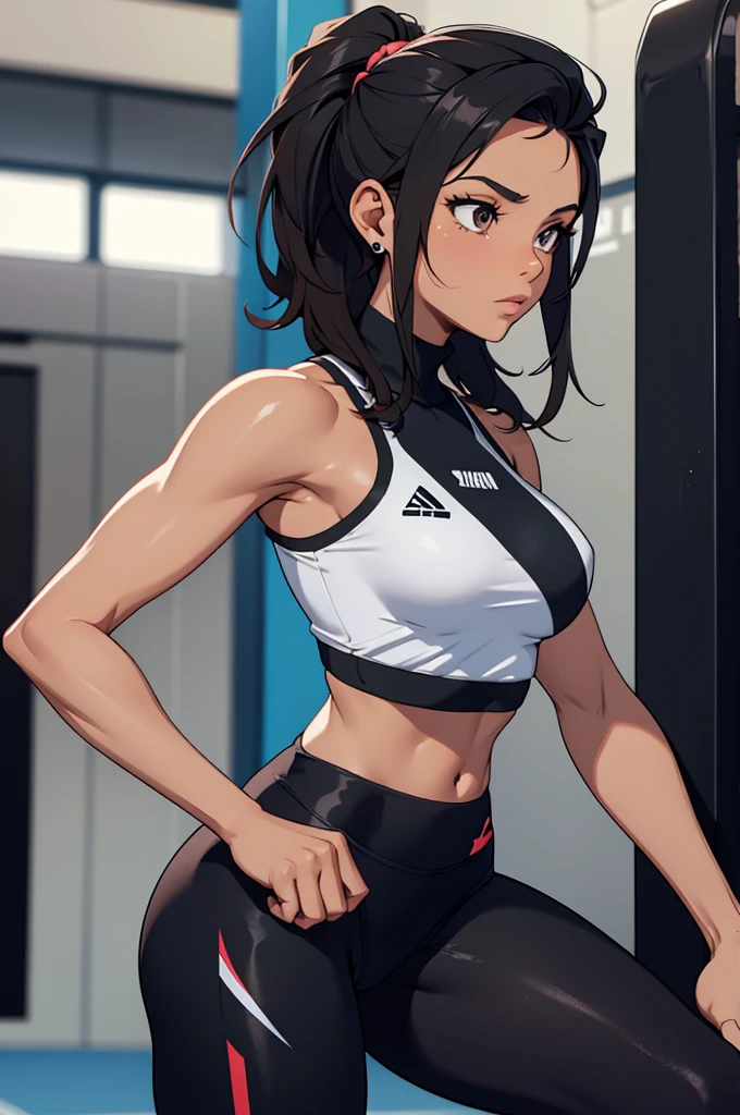 1 girl, 23 years old, long black hair, handsome face, sports bra,long black pants, boxing gloves, high quality, masterpiece