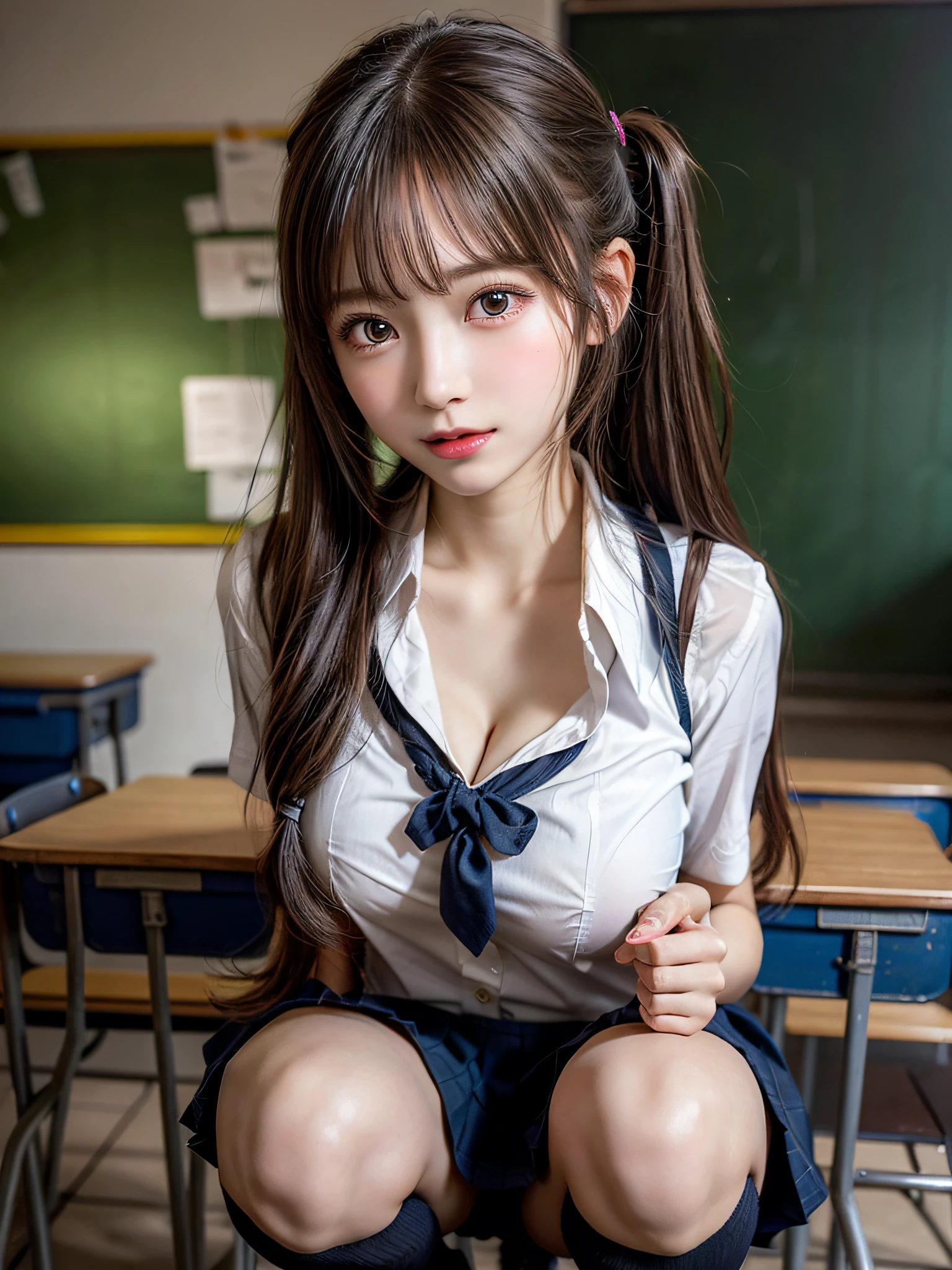 Twin-tailed, 1young girls, Beautiful face, (Extremely cute, Amazing face and eyes), Realistic, (Best Quality:1.4), extremely detailed CG unified 8k wallpaper, Highly detailed, RAW Photos, professional photograpy, Realistic portrait, Cinematic Light, (Beautiful breasts), (cleavage of the breast:1.2), (Uniform with wide open chest:1.5), (Mini skirt:1.3), (No panties:1.3), (Squatting:1.2), Cameltoe, Indoors, School, (View from below),