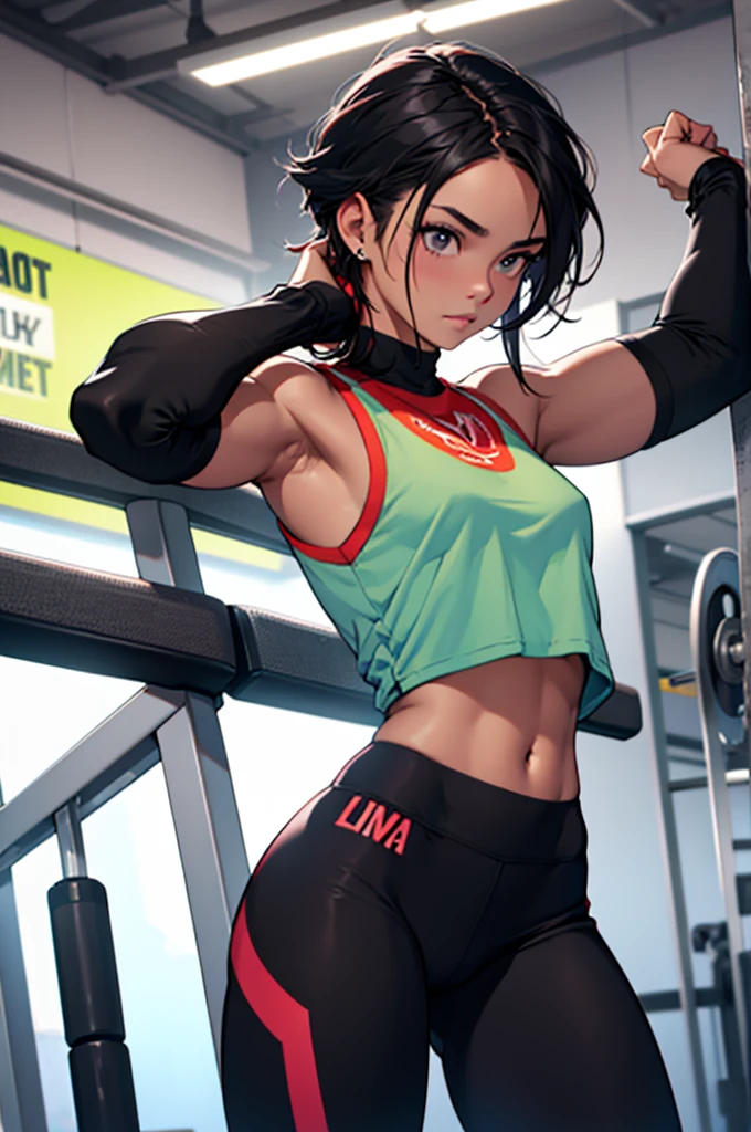 linda jovem fitness com , in a gym wearing May with black tights, morena de cabelos curto tomboy. solo