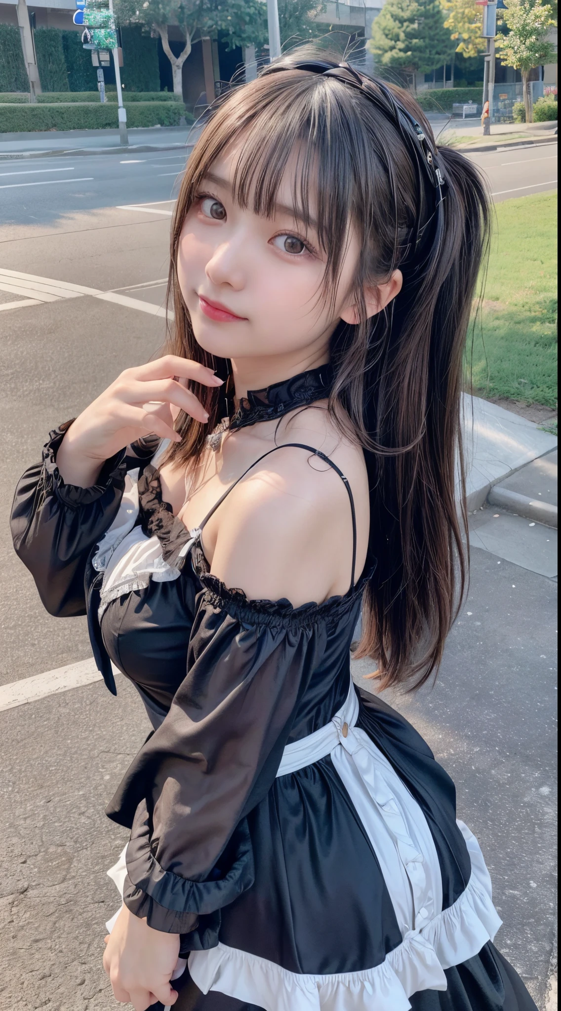 masterpiece, best quality, ultra detailed, 8K, absurdres, highres, 4K, a girl, smiling, looking at viewer, long hair, straight hair, brown hair, tareme, droopy eyes, shiny skin, detailed skin, detailed face, glamorous, voluptuous, beautiful breasts, beautiful ass, curvy, (idol, gothic lolita:1.3), delicate facial features, cute face, japanese idol, curvy, 20-year-old, japanese, on the road, ultra realistic photo, raw photo, photorealistic, real person, from below, front view, cowboy shot, depth of field, cinematic lighting, sharpen