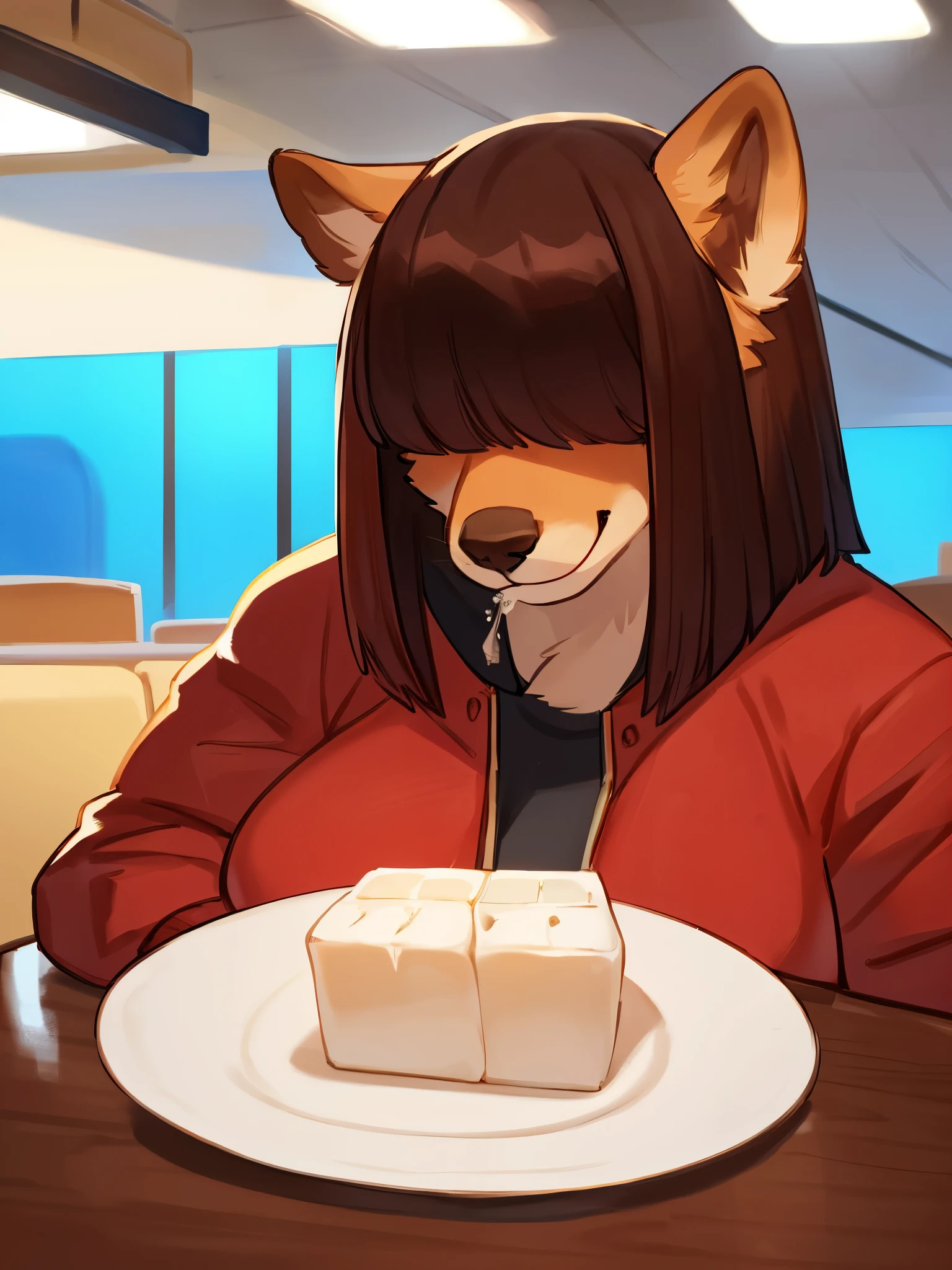 By bebebebebe, by lostgoose, by goonie-san, female, ((canine, snout, hair covering eyes, straight hair, medium hair, flat hair, ears, thin snout)), brown fur, big poofy tail, raised tail, dark maroon hair, (muscular, big breasts), solo, smiling, ((red puffer jacket)), sitting, (eating plate of tofu, tofu cubes, tofu), restaurant