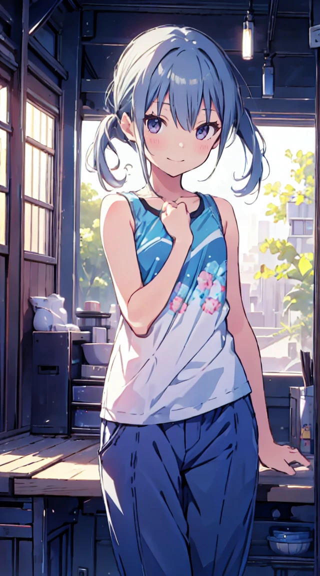 masutepiece, Best Quality,Illustration, Wallpaper, ultra -detail, 1little girl、♡、Futomo、Poses in motion、soft smiling、Summer scenery、Tank tops、shortpants