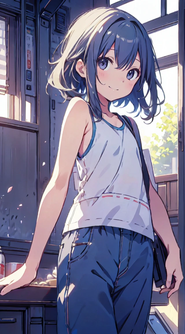 masutepiece, Best Quality,Illustration, Wallpaper, ultra -detail, 1little girl、♡、Futomo、Poses in motion、soft smiling、Summer scenery、Tank tops、shortpants