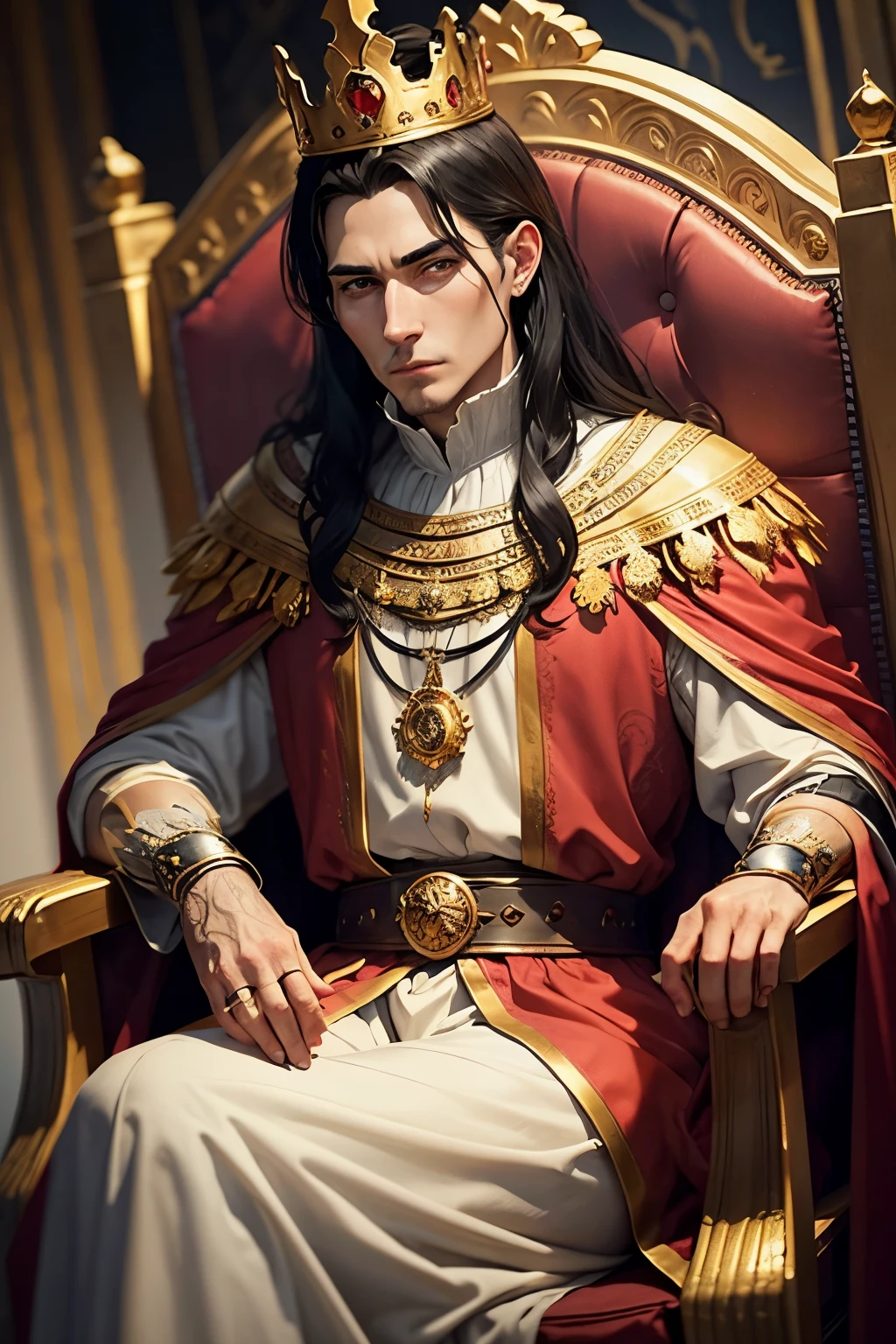 middle ages the king sits on the throne in , details on the hand ring, royal chamber, king man with black hair, old king, a lot of gold and a lot of red, The Red Mantle 60 летний король