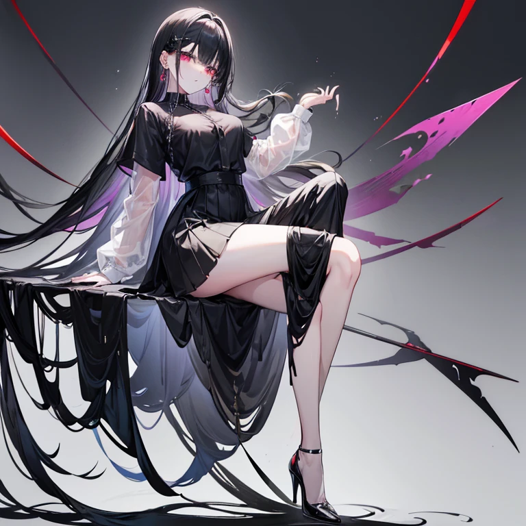 Full body lesbian,Sling black silk,high-heels,pupils,Raised sexy,Obscenity exposed,jk,black silk skirt,White color blouse,black long straight hair,Qi bangs,ear nipple ring,Transparent skirt