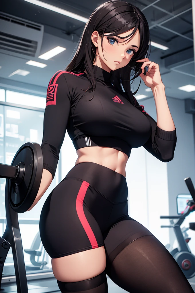 linda jovem fitness morena , in a gym wearing May with black tights, morena de cabelos curto tomboy. solo suada, sexy