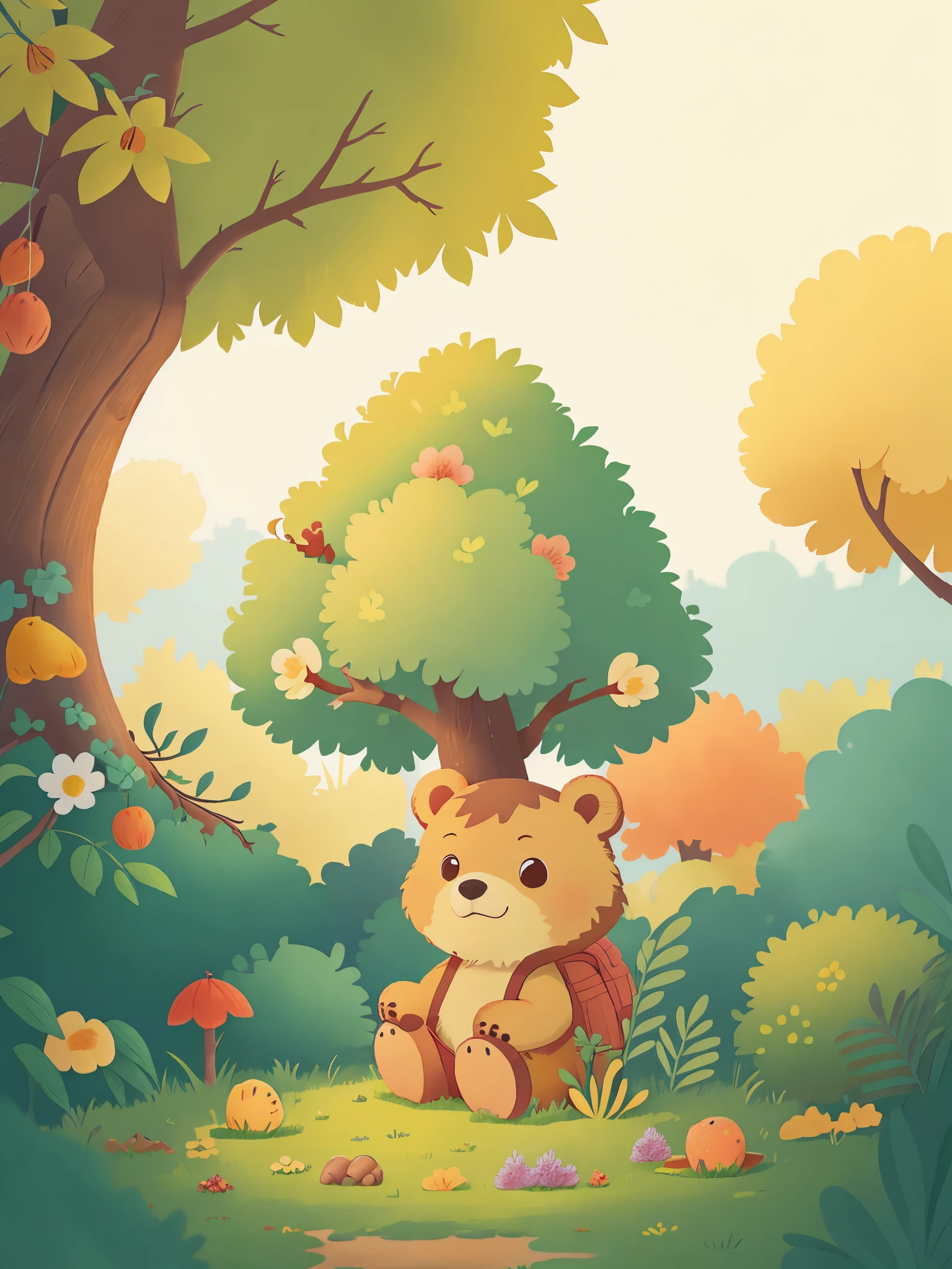 In the sunset，Little bear sitting under a tree，Surrounded by collected fruits and flowers，