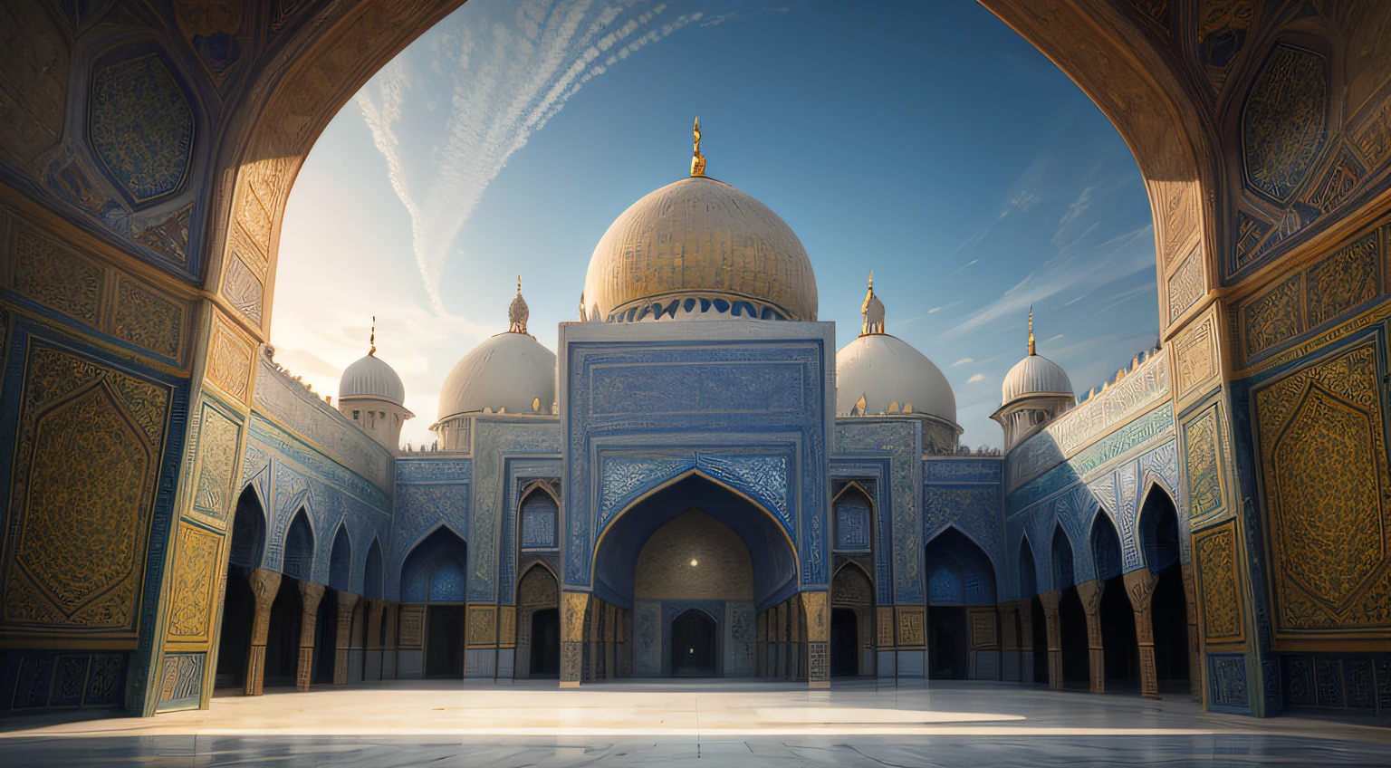 Imagine a mosque situated in a bustling city, where tradition seamlessly blends with innovation. The mosque is a masterpiece of architectural marvel, fusing classical Islamic design with contemporary elements. Its minarets reach towards the sky, adorned with intricate geometric patterns that catch the sunlight at different angles.

The entrance to the mosque is a grand portal, featuring ornate calligraphy that welcomes worshippers with verses from the Quran. As you step inside, the vast prayer hall unfolds before you, bathed in the gentle glow of stained glass windows. The colors of the windows create a serene ambiance, casting vibrant hues across the intricate patterns of the Persian carpets that cover the floor.

The mihrab, a focal point of the mosque, is a stunning mosaic masterpiece. The domed ceiling above it is adorned with celestial motifs, evoking a sense of transcendence. The qibla wall is a work of art, seamlessly integrating modern technology with tradition, displaying an interactive LED installation that lights up to indicate the direction of Mecca.