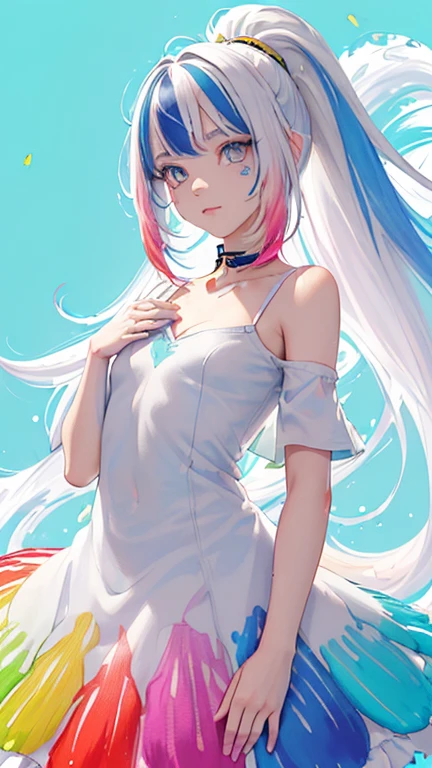 (Pink fashion t-shirt:1.9),(multicolored hair: 1.8), (all the colors of the rainbow: 1.8),(((((vertical dyeing:1.6))), (dyeing:1.6),Front, comics, illustrations, dyeings, big eyes, heterochromia, crystal clear eyes,( Радужный gradient цвета, high ponytail:1.7), Exquisite makeup, closed mouth,(Little Fresh: 1.5),(Wipe the chest: 1.6) ,Long eyelashes, white off-the-shoulder t-shirt, white shirt with shoulders,I look at the audience, big watery eyes, (rainbow colored hair:1.6), цветовой splash, (One:1.8), цветовой splash, color explosion, thick dye style, messy lines, ((brilliant)),(Colorful), (Colorful), (Colorful), Colorful, Thick dye Style, (splash) (Color splash), Vertical dyeing, upper body, dye splash, acrylic pigment, gradient, dye, Highest image quality, top quality, masterpiece, One, depth of field, Face dye, Colorful clothes, (elegant: 1.2), fabulous,long hair, wind, (elegant: 1.3), (petals: 1.4),(((masterpiece))),(((Best quality))),((ultra detailed)),(illustration),(dynamic angle),((Floating)),(dye),((wild hair)),(One),(1 boy) , (((detailed anima face))),((beautiful detailed face)),collar,bare shoulders,White hair, ((Colorful hair)),((highlighted hair)),beautiful detailed eyes,(gradient color eyes),(((Colorful eyes))),(((Colorful background))),(((high saturation))),(((surrounded by Colorful splashes))), (((flat male chest))), (((male)))
