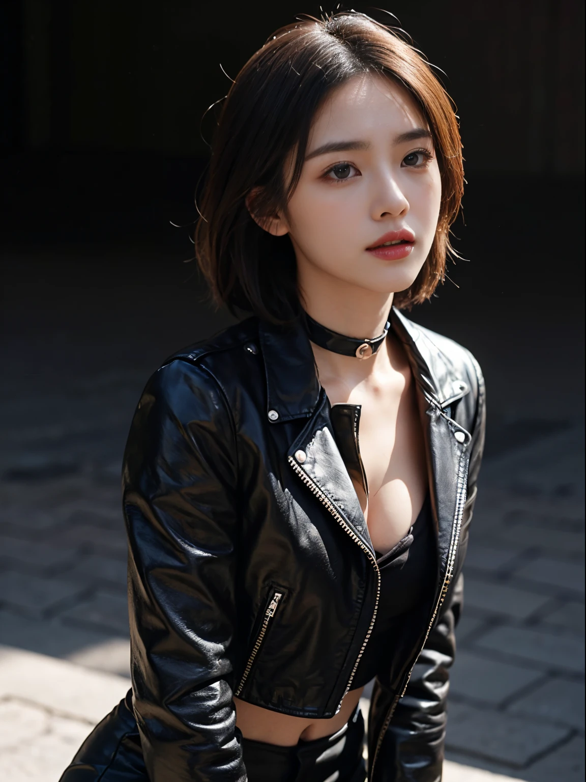 1人の女性、Korea person、Korean Beauty、leather jackets、corsets、a choker、Crotch chuck、intricate detailes、hightquality、(High class:1.4)、super realistic 8K、face perfect、Perfect、clean、masterpiece、Professional artwork、famousartwork、face perfect、Beautiful expression、beautidful eyes、short dark hair、wetting hair、very Bigger breasts、clothes shiny、model poses、Ultra-realistic 4K、Top image quality、Natural background