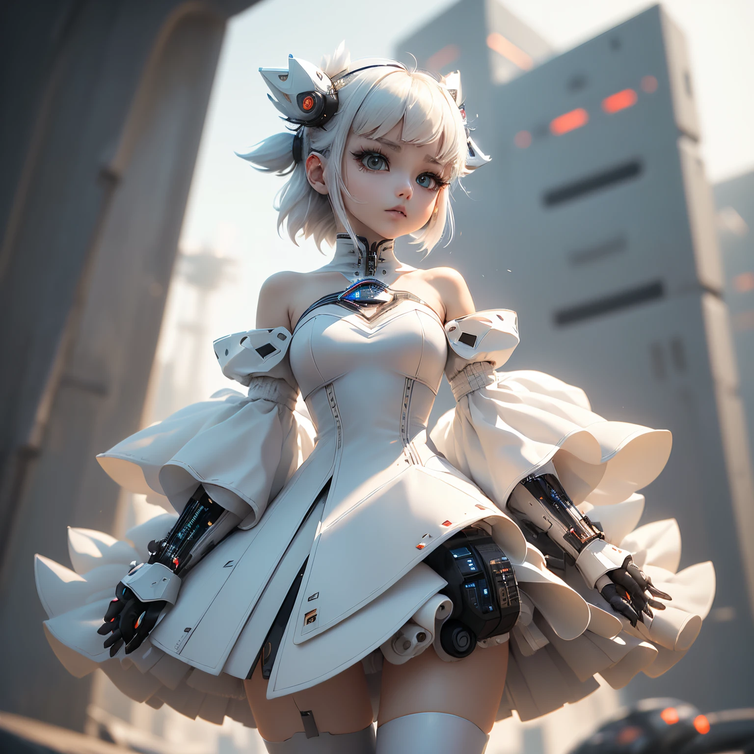 ​masterpiece、top-quality、ultra-detailliert、(Chibi Chara's Daughter:1.2), (white theme:1.3), (cyber future design concept:1.4), (white high neckline futuristic cyber dress, flared sleeves, flared skirt, bare shoulder:1.5), (metallic fabric with integrated LED lights:1.3), (hair ornaments inspired cyber future:1.3), BREAK
(simple white background inspired cyber future city:1.5), (blurry:1.4)