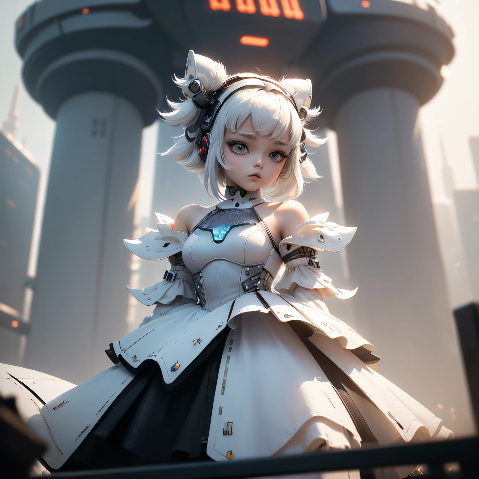 masterpiece、top-quality、ultra-detailliert、(Chibi Chara's Daughter:1.2), (white theme:1.3), (cyber future design concept:1.4), (white high neckline futuristic cyber dress, flared sleeves, flared skirt, bare shoulder:1.5), (metallic fabric with integrated LED lights:1.3), (hair ornaments inspired cyber future:1.3), BREAK
(simple white background inspired cyber future city:1.5), (blurry:1.4)