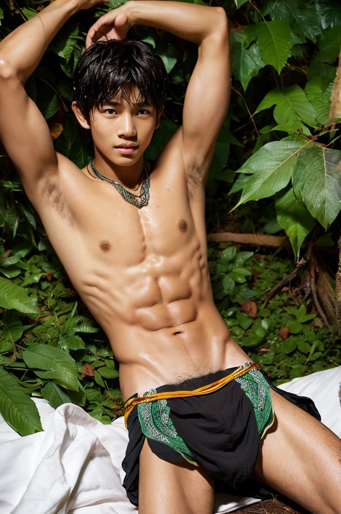 A slender muscular tribal boy wearing a torn and tattered loincloth and an ivory necklace., 10yaers old, Open crotch, Smooth skin, lying on a bed of leaves, bare-legged, wet with sweat, Excited