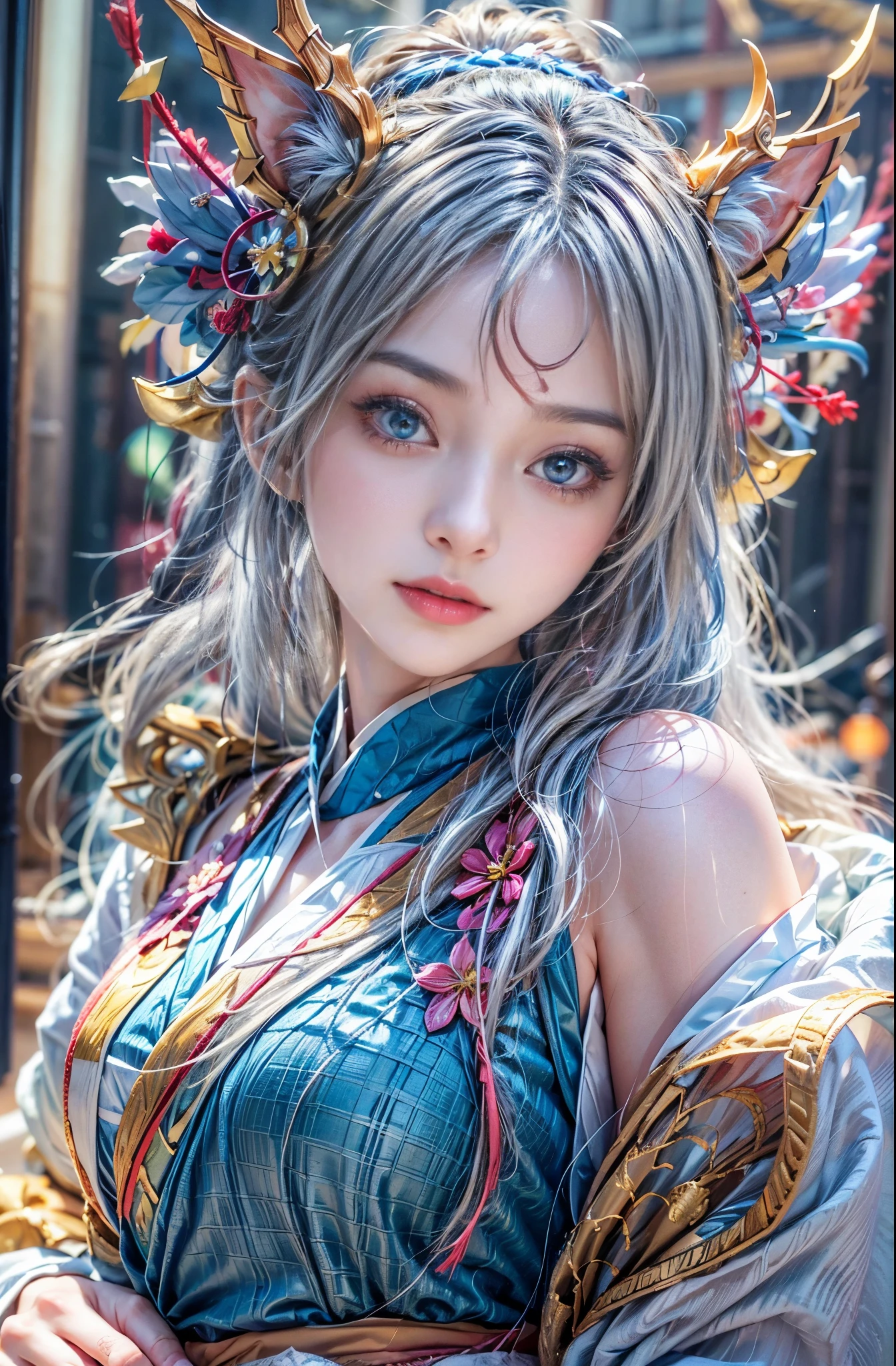 (Photoreal Stick:1.4, masutepiece:1..3, 8K), top-quality, ​masterpiece, 超A high resolution, Perfect dynamic composition, Professional camera work, Grow Light Effect, Mystical portrait, Cinematic Light, Highly detailed skin and facial texture:1.3, The ultra-detailliert, A detailed eye, (riding a dragon), (myterious:1.3, Fanciful:1.2, tradition:1.2, majestueux:1.2), 1girl in, 25-years old, cute and sexy slim goddess, Fair skin, (Enraptured look:0.9, Totally captivates you:1.0), (japanese miko costume:1.3), (voluptuous breasts:0.9), (Backshots, Calm pose), (Beautiful blue eyes, Eyes that feel beautiful eros:0.85), Sexy face:0.4, (A mouthfeel that feels beautiful eros:0.85), ((Too cute beauty:0.9)), Fantastic background, carry a long noble cane, Eliminate unnecessary hands