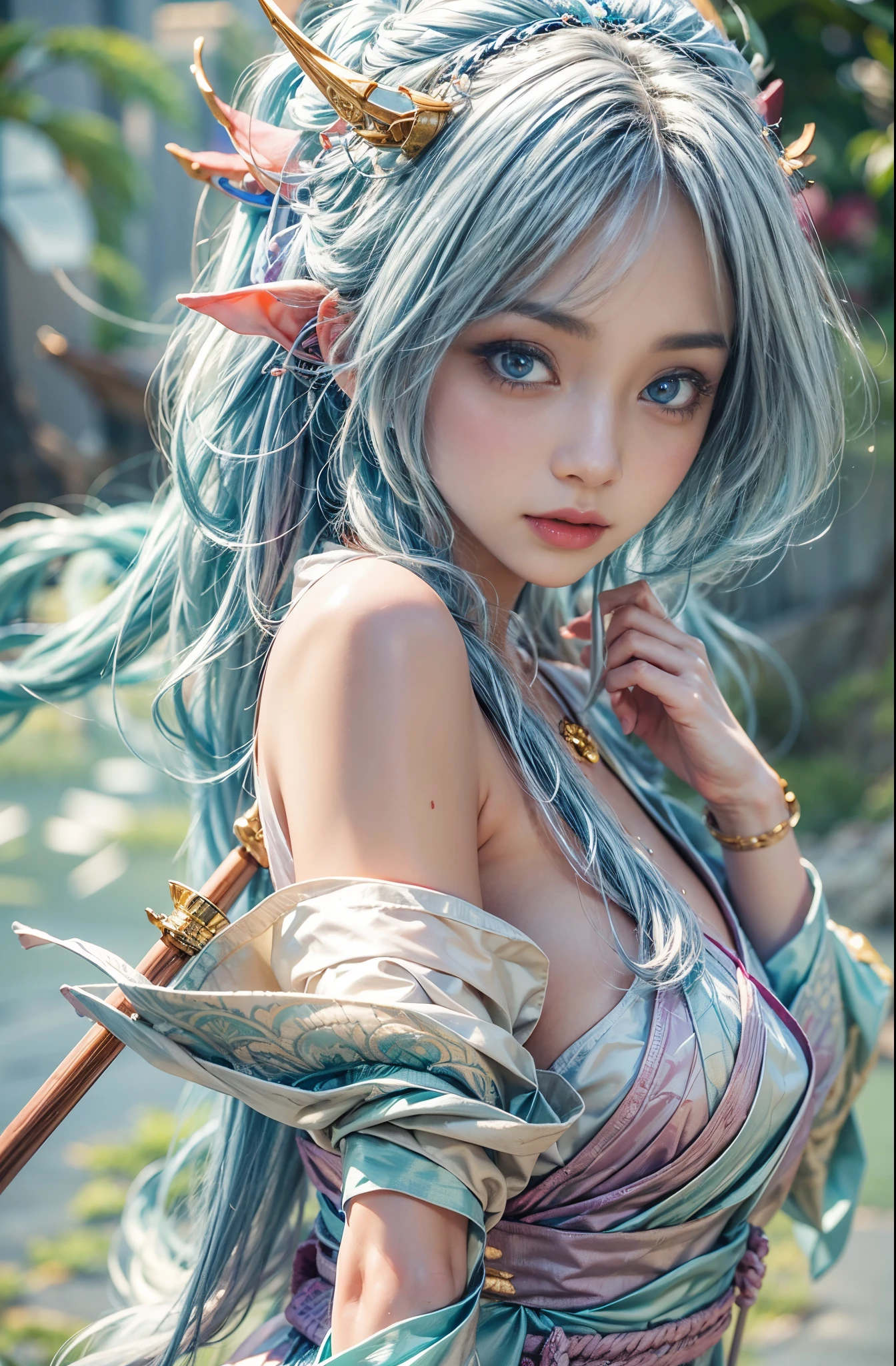 (Photoreal Stick:1.4, masutepiece:1..3, 8K), top-quality, ​masterpiece, 超A high resolution, Perfect dynamic composition, Professional camera work, Grow Light Effect, Mystical portrait, Cinematic Light, Highly detailed skin and facial texture:1.3, The ultra-detailliert, A detailed eye, (riding a dragon, carry a noble long cane, , Erase unnecessary items:1.3, Fanciful:1.2, tradition:1.2, majestueux:1.2), 1girl in, 25-years old, cute and sexy slim goddess, Fair skin, (Calm:0.9, Totally captivates you:1.0), (japanese miko costume:1.3), (voluptuous breasts:0.9), (back shot beautiful blue eyes, Eyes that feel beautiful eros:0.85), Sexy face:0.4, (A mouthfeel that feels beautiful eros:0.85), ((Too cute beauty:0.9)), Fantastic background