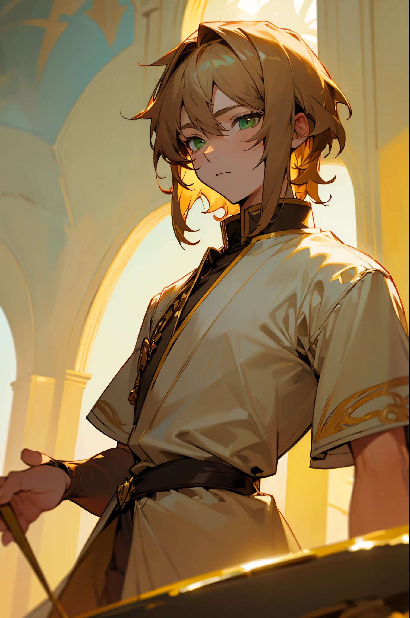 ((best quality)), ((masterpiece)), (detailed), fantasy prince, short shaggy blond hair, green eyes, brown and white clothes, sun, gold