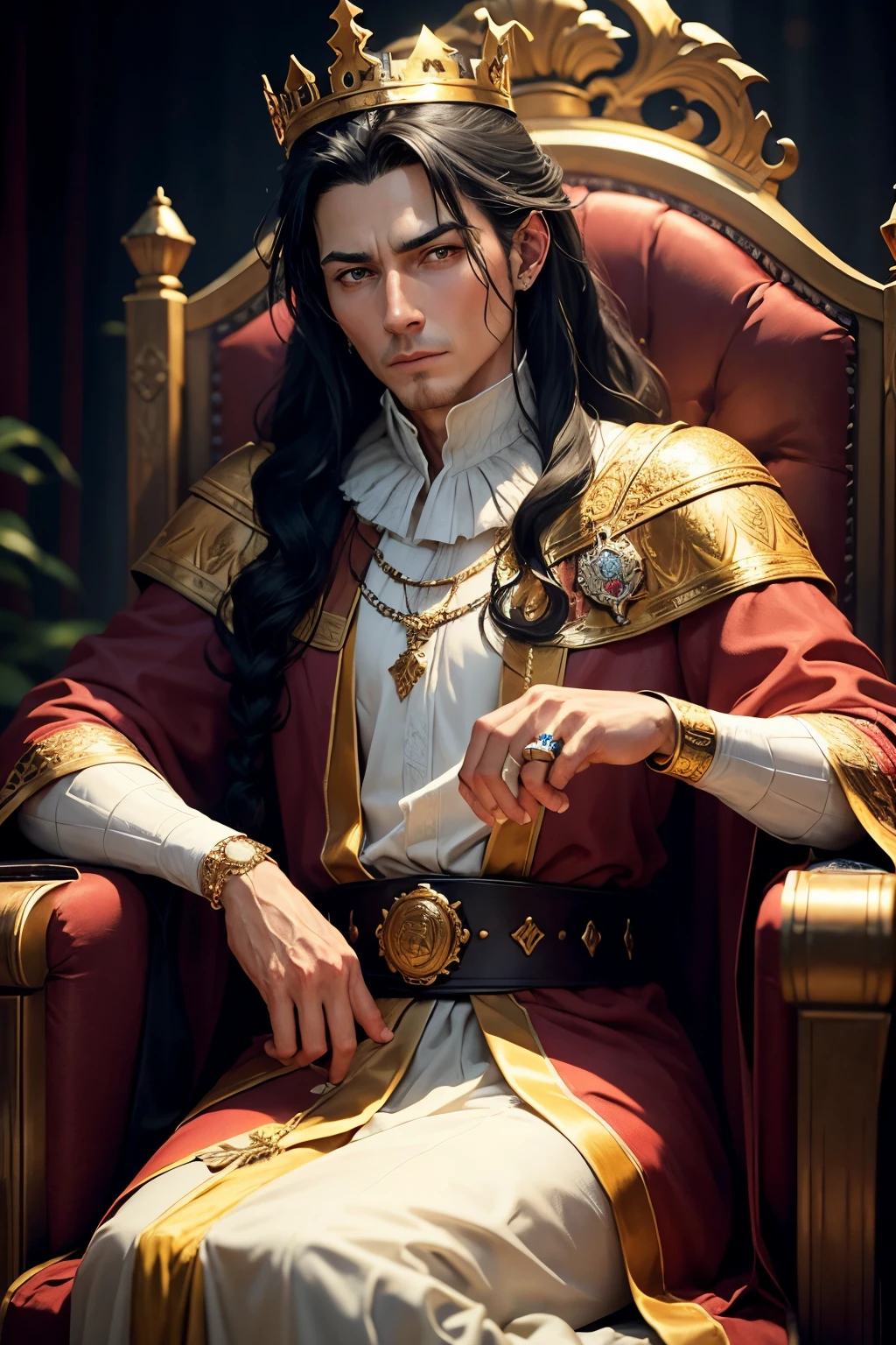 middle ages the king sits on the throne in , details on the hand ring, royal chamber, king man with black hair, old king, a lot of gold and a lot of red, The Red Mantle 60 year old king, super detail of hands and ring