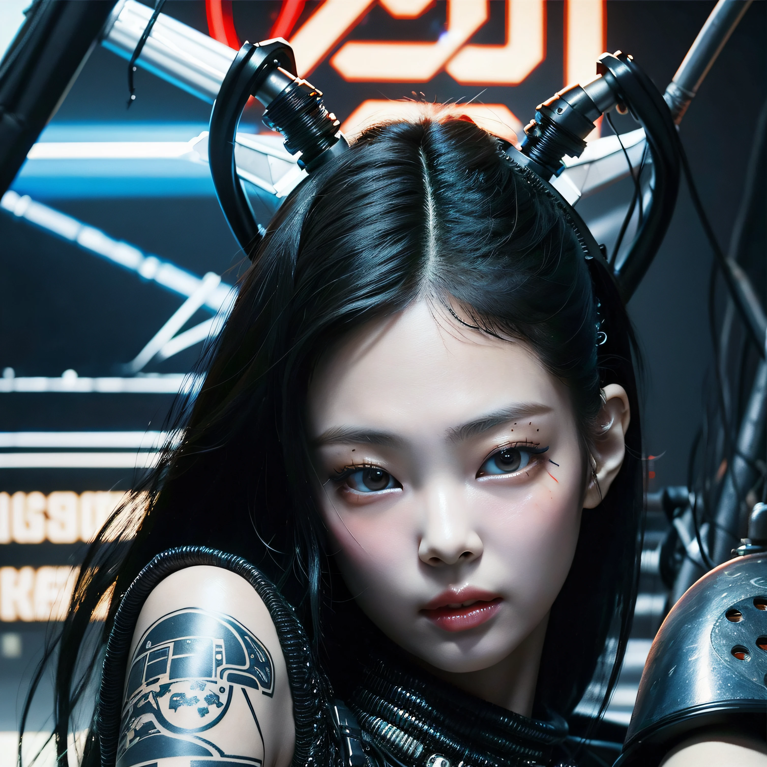 Cyberpunk, damged, robot, dead robot, wires, lose a part of her face in war, wires came out in the lose part of face, trashed, cyberpunk damged, trashed in a big garbge, black hair, tattoo on a part of her face, cyber tattoo, numbers,  tattoo on her sholder and neck. Japanis face girl, robot clothes with wires, painting style, vanvas texture, brush strokes, jennie kim,