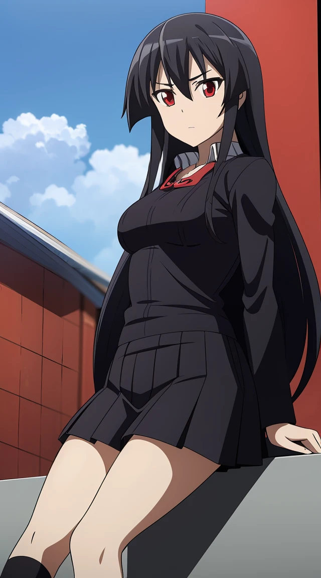 ((masters piece, best quality)) Akame(Akame GA kill),black hair, red eyes ((very long hair)), beautiful eyes, background school, ((Thai university uniform))