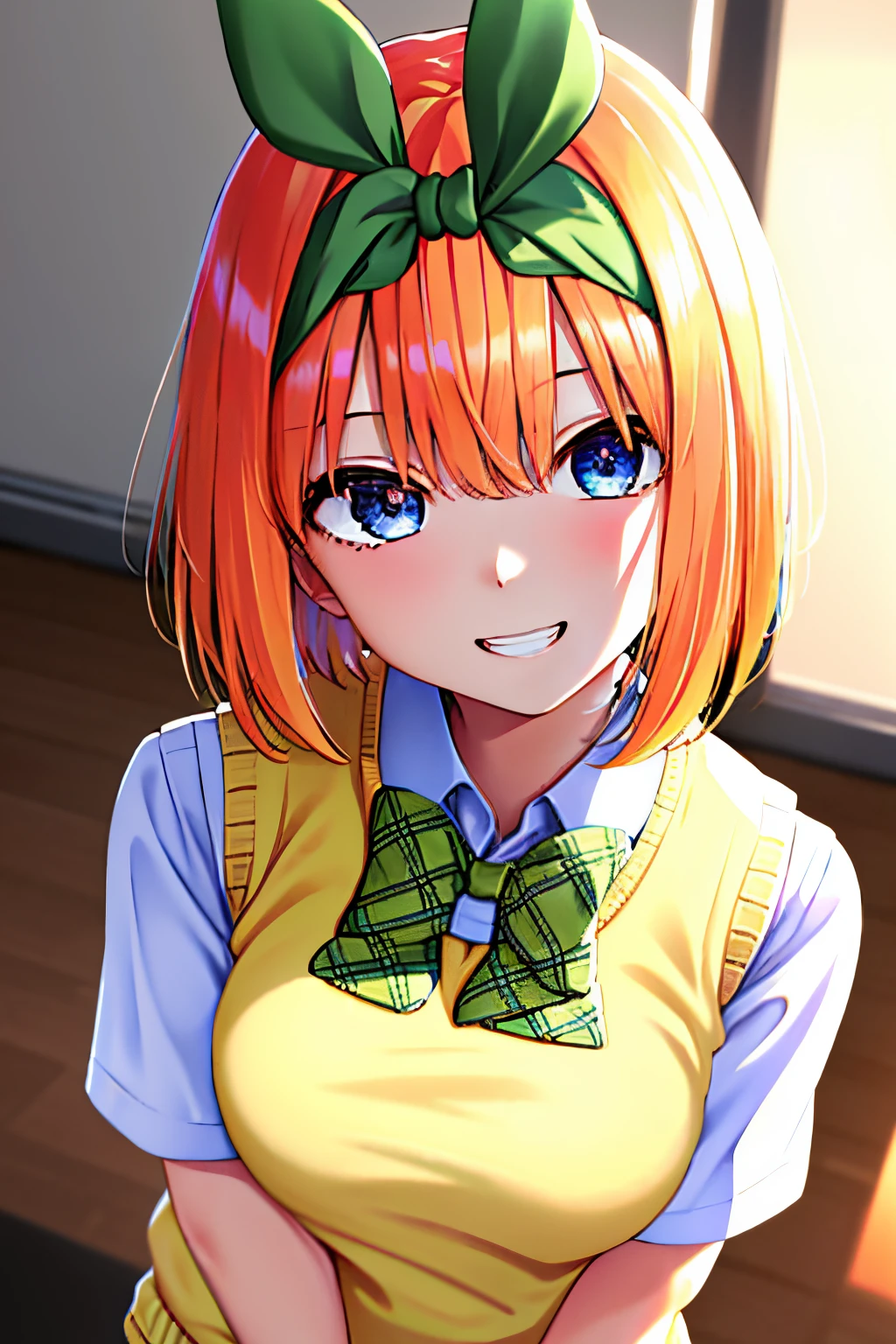 yotsubanakano, Yotsuba Nakano, Bangs, Short hair, Blue eyes, hair between eye, Hair Ribbon, shairband, Orange hair, Green Ribbon,
BREAK skirt, Shirt, Bow, bow ribbon, School uniform, White shirt, Short sleeves, Pleated skirt, shoes, sox, Collared shirt, Miniskirt, bowtie, Black footwear, knee high, Green skirt, Black socks, lowfers, green bow, Sweater Vest, Green Ribbon, (Yellow sweater vest:1.5),
BREAK looking at viewer,
Classroom background,
Very detailed breaks, Best Quality, High resolution, Unity 8k壁纸, extremely details CG, (Beautiful detailed eyes:1.6), extra detailed face, Perfect Lighting, extremely details CG, (Perfect hands, Perfect Anatomy),
Happy smile, Laugh, grin,White teeth, wide eyed, Dynamic Pose, Head tilt, piece sign, extreme close - up