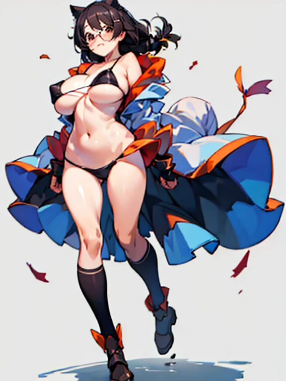Stema Peace、hanekawa tsubasa、attack of glasses、A dark-haired、large boob、 (Black hair, Brown eyes, Round face),With ribbon, (nose blush, half opened eye),, [Full body shot]、eye glass、Head-to-toe shots、A dark-haired、wearing bikini armor、