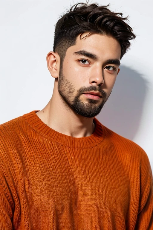 cool guy,sbeard,portrait of upper body,orange sweater,white backgrounid,