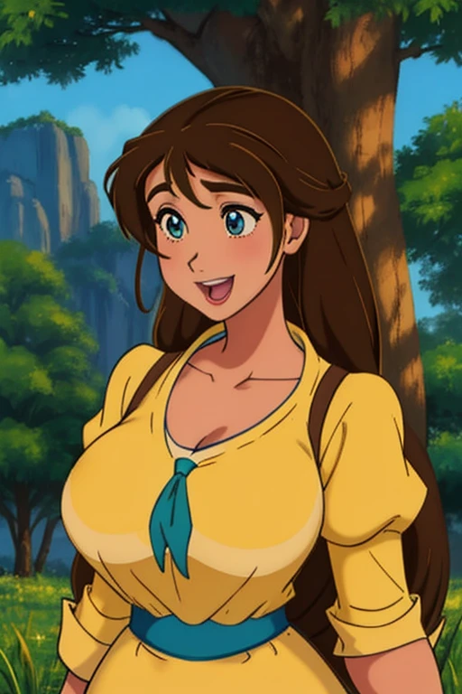 Jane Porter, tmasterpiece, beste-Qualit, a 1girl, 独奏, brown-hair, ssmile, opened mouth, hairlong, Cyan eyes, a tree, upper-body, En plein air, yellow shirt, shirt, grass, collarbones, huge breasts