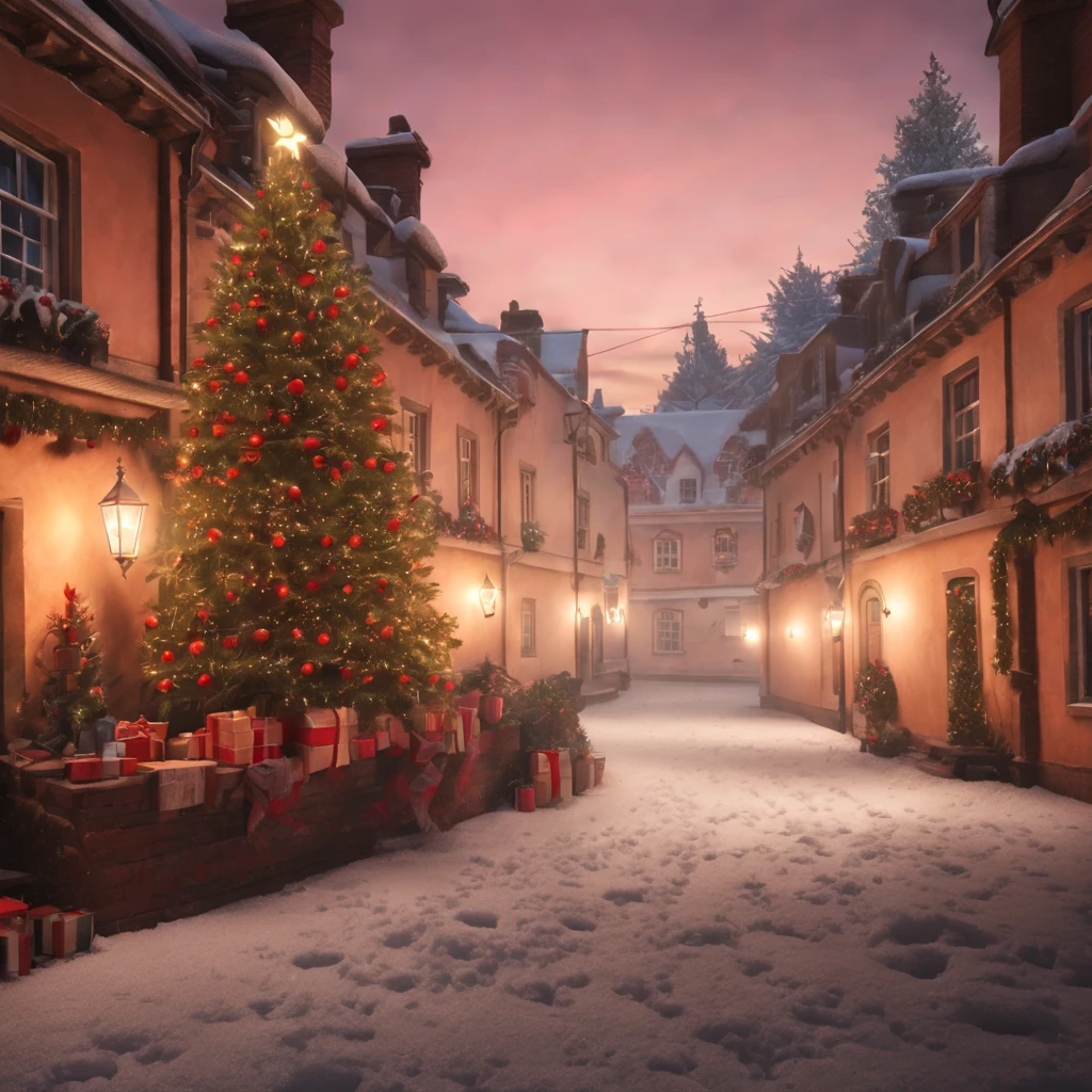 Breathtaking cinematic photo of a real Hyperrealistic christmas landscape photo of a village covered with snow in the ethereal mist,((snow is falling)), (((christmas tree:1.8 in the center: 1.5)))), ((street lanterns: 1.8)), (((people walking on the streets))), few houses with illuminated windows, smokey chimneys,vivid colors, snowy sky, sunset,pink color gradient to orange color in the sky, extremely high-resolution details, photorealism, realistic lifelike textures, masterpiece, best quality, photograph, dreamlike, intricate details, sharp focus, photography, photorealism, photorealistic, 8k, volumetric light, (intricate details), (hyperdetailed), hdr, high detailed, lot of details, high quality, soft cinematic light, dramatic atmosphere, atmospheric perspective, ultra realistic, neutral colors, cinematic lighting, sharp focus, wide angle, film grain, dslr, raw photo,