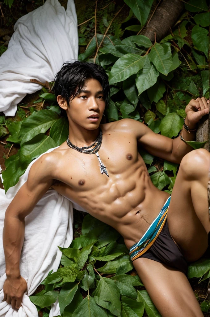A slender muscular tribal boy wearing a torn and tattered loincloth and an ivory necklace., 10yaers old, Open crotch, Smooth skin, lying on a bed of leaves, bare-legged, wet with sweat, is in estrus, Ass hole