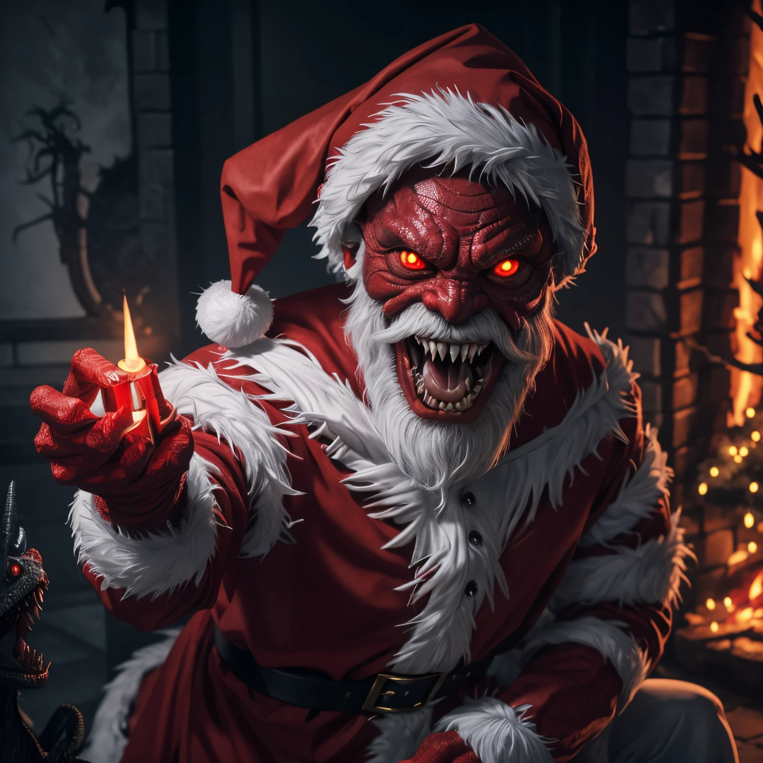 Based on a collection of monsters from the id a grey spindly johnny scissor fingers hands red glowing eyes forked tongue evil looking lizard like creature dressed in santa claus outfit with a vicious smile