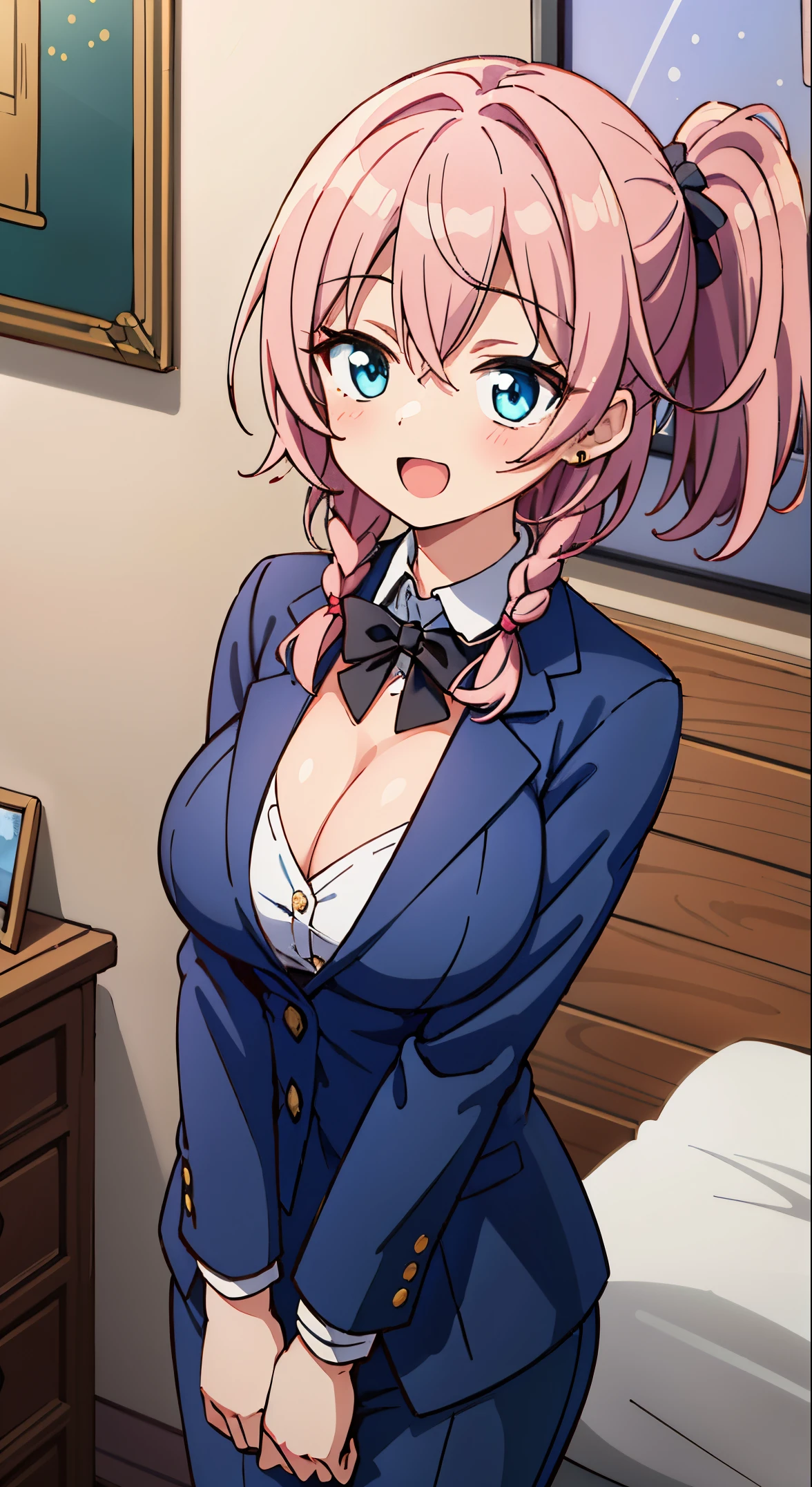 (masutepiece, Best Quality, Perfect Anatomy, High quality:1.4), absurderes, absolutely resolution, unbelievable Ridiculous, hight resolution, ultra-detailliert, Official art, Unity 8k壁纸, Kinetic typography,nice hand, Perfect hands, Detailed beautiful hands, Large_filesize, fulcolor, hight resolution, symmetric, exceptional, Best aesthetic, newest, Anime, very beautiful detailed body,The hair,faces,The eye, BREAK, , ( girl), Beauty 1 person,Solo,(Cute:1.5),(Chibi:0.6),(kawaii:1.5),(Lori:0.5),BREAK,(17 years olddetailed,colourfull,highest details,Clear skin,Beautiful skin,Shy,Very detailed,colourfull,highest details,BREAK,Clear skin,Beautiful skin,Shy skin,1 beautiful girl,{Heterochromia,pale blue eyes,pale green eyes:1.5},star eye silhouette,BREAK,(Pink hair, Medium length:1.4),(Twin braids,A little curly hair,Single-sided twisted blade,Princess Cut:1.3),(cleavage of the breast,Big breasts,Beautiful breasts,Large breasts:1.5),(long eyelashes, Double eyelids:1.2),Solo,gleaming skin, Clear skin, Beautiful skin,(best quality face),(Top quality glowing eyes), (The best smile,:D:1.45), 

BREAK is the elegance of the traditional British manor butler,
equipping, Tailored blazer in classic neutral tones,
High-waisted trousers with straight or wide-leg cut,
A crisp white button-up shirt for a timeless look,
Polished oxford shoes for a sophisticated touch,
A classic black bow tie for formal menswear.,
Leather gloves and vintage watches as accessories.
Sleek bun or low ponytail for a sophisticated hairstyle,
Minimal makeup that emphasizes defined eyebrows,
Create a sophisticated look with subtle pearl or stud earrings,


BREAK ,(Office, desk work, whiteboard, sofa, buildings from window,Makuhoku Computer,
(upward looking gaze :1.2) ,
Looking Up ,
From  above ,depth of fields,

 BREAK,wakame,wakame,wakame,(Cowboy Shot:1.4), 

BREAK,(Blurry background:1.3),(absurderes, hight resolution, Super Detail Art),cel shading,Clear Color, Lonely optical effect, Beautiful pictures, Bright glow, mystic atmosphere,(Close-up of girl:1.1), Mystical light particle effect,manga influence, clean line drawings,
